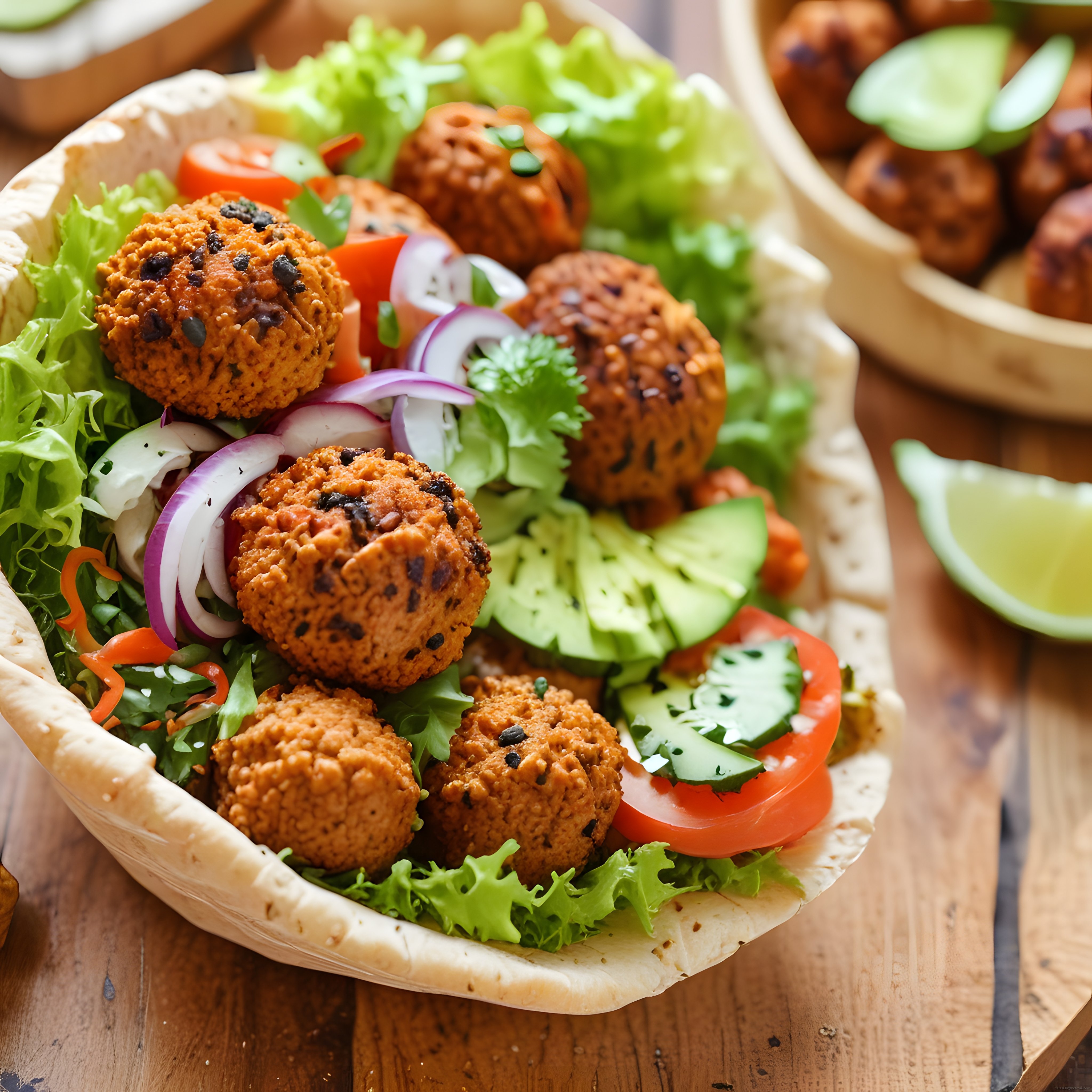 Ahşap Sunumla Hazırlanmış Çıtır Falafel ve Taze Sebzeli Pita Tabağı