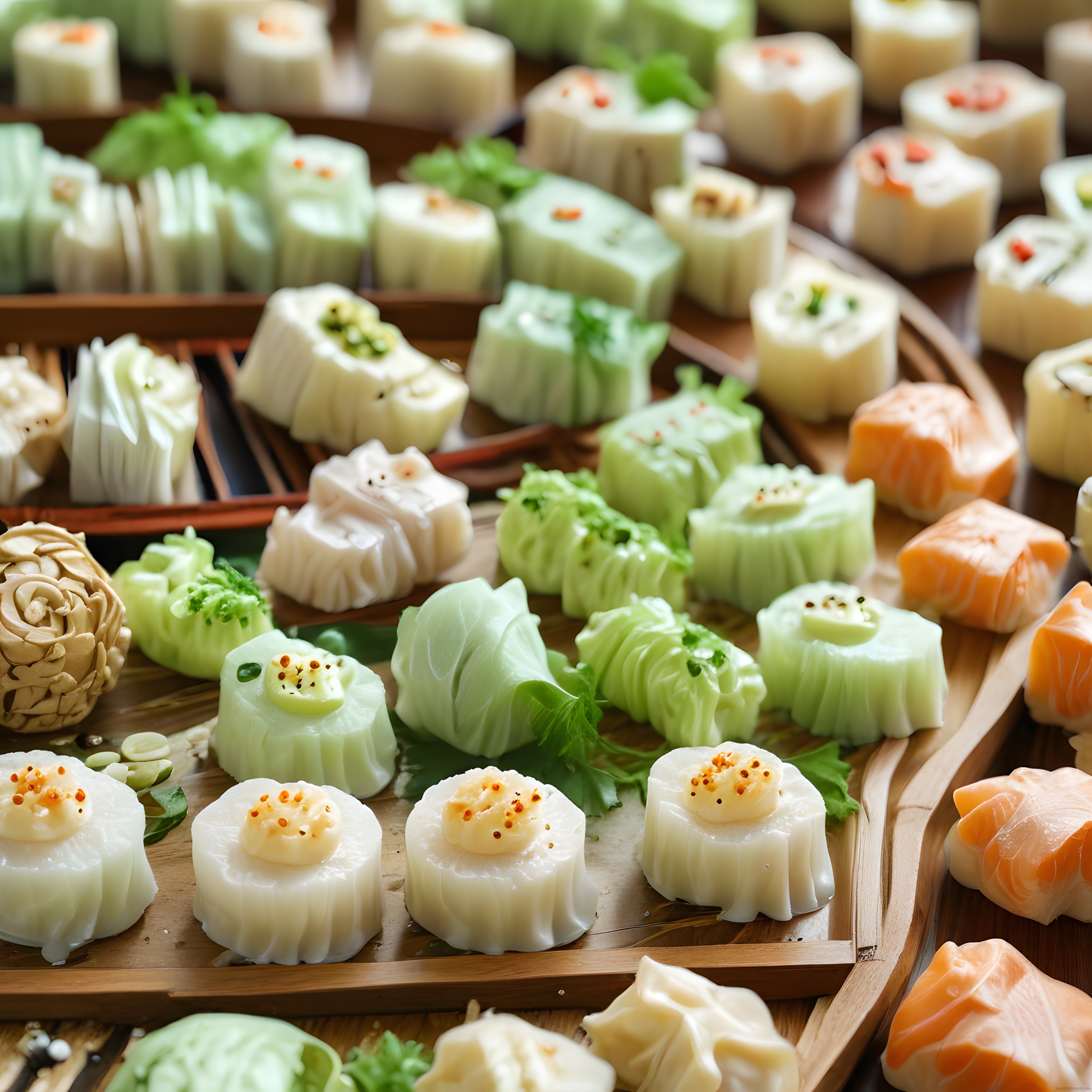Ahşap Sunumlarda Renkli Sushi ve Dim Sum Çeşitleriyle Lezzet Şöleni