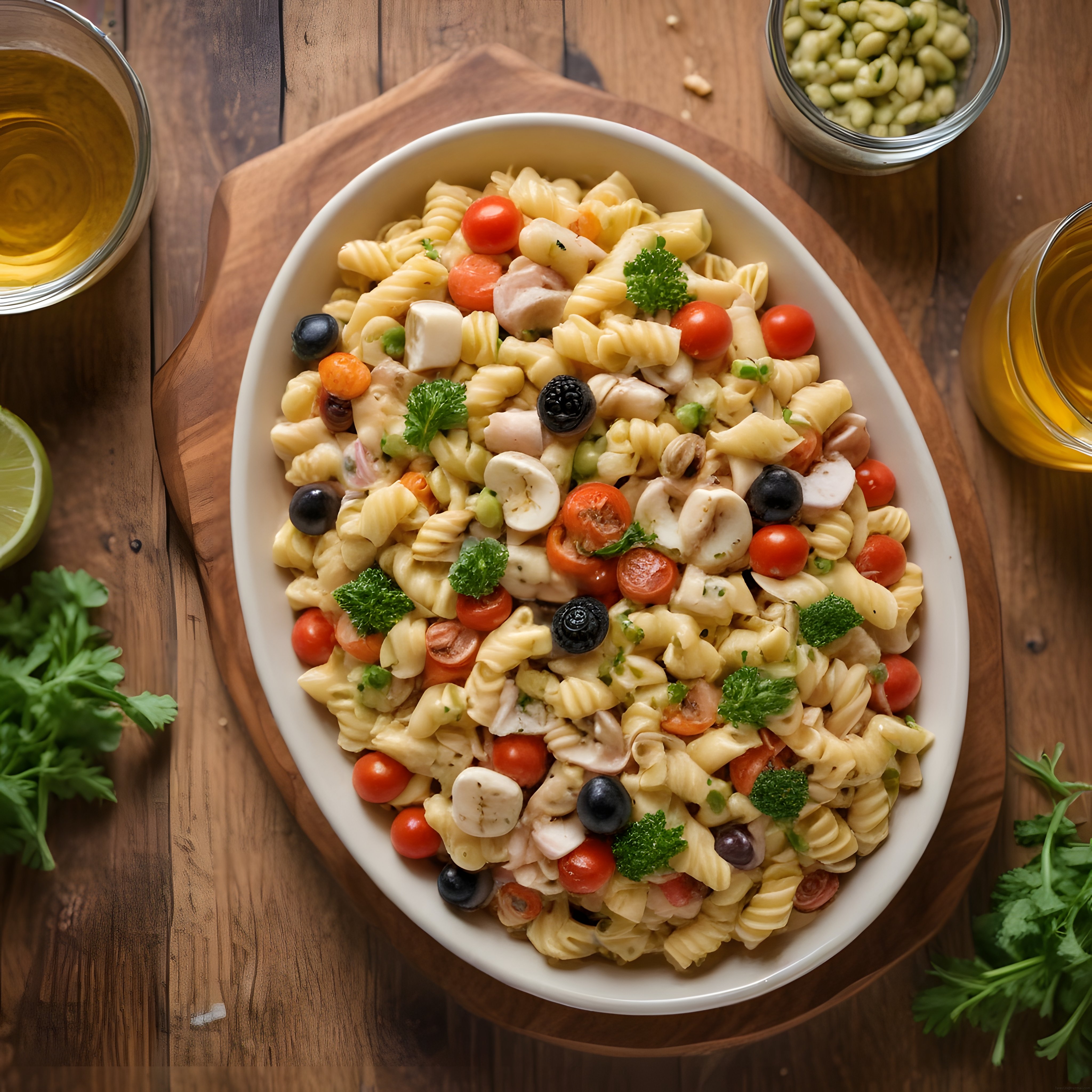 Ahşap Sunumlu Bol Malzemeli Makarna Salatası ile Sofralarınızı Renklendirin