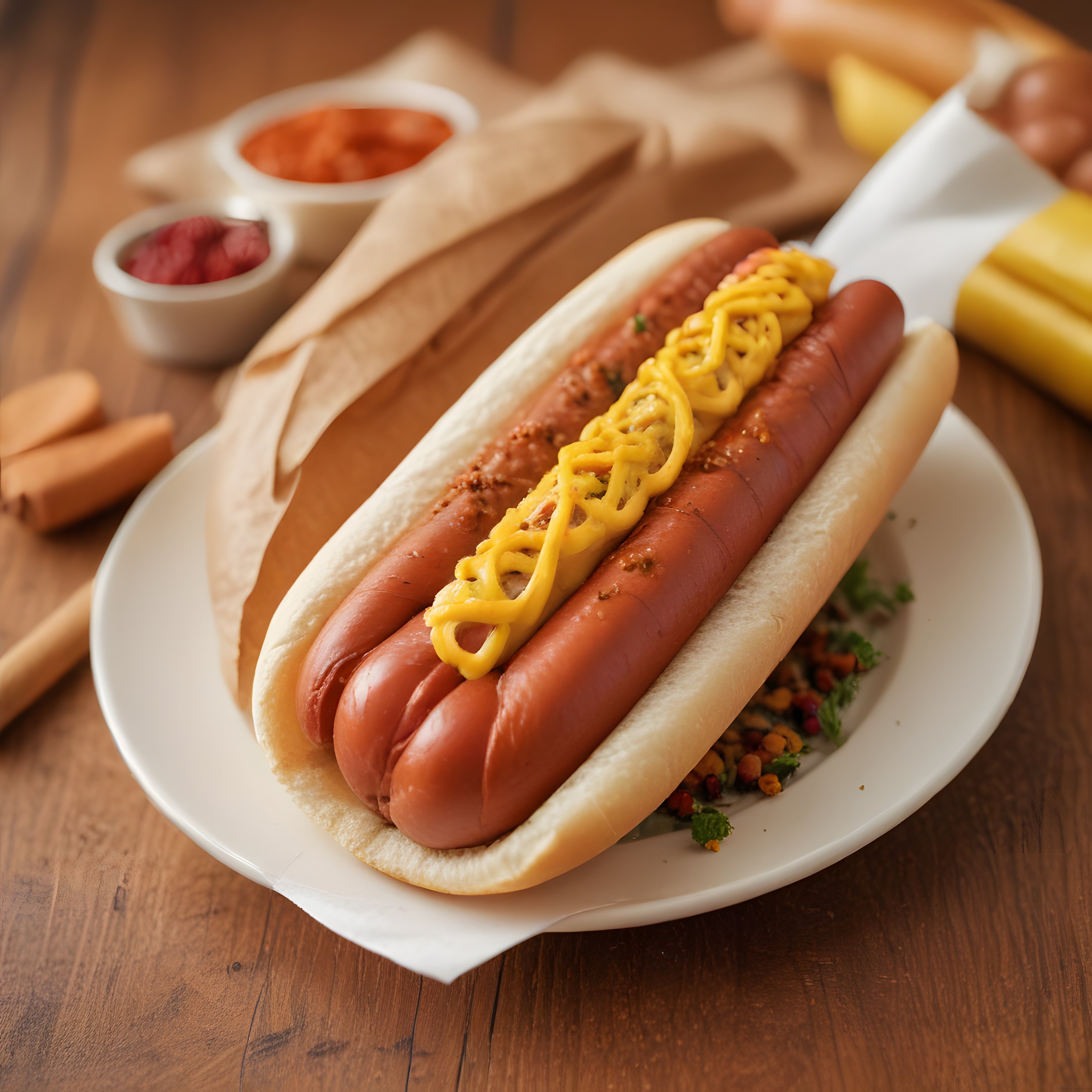 Ahşap Sunumlu Hardal Soslu Klasik Hot Dog ve Yanında Patates Kızartması