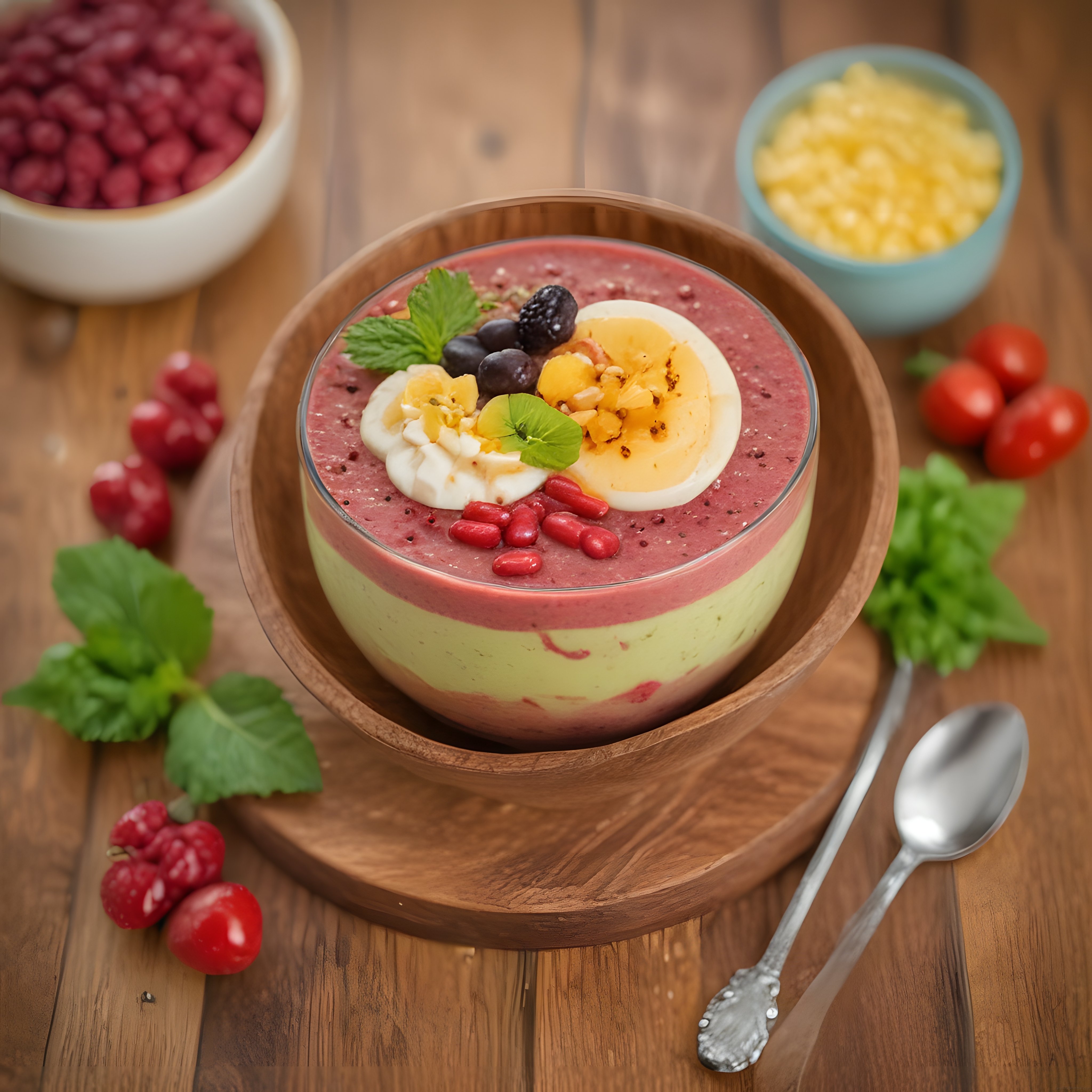 Ahşap Sunumlu İki Katmanlı Meyveli Smoothie Kasesi ile Kahvaltı Keyfi