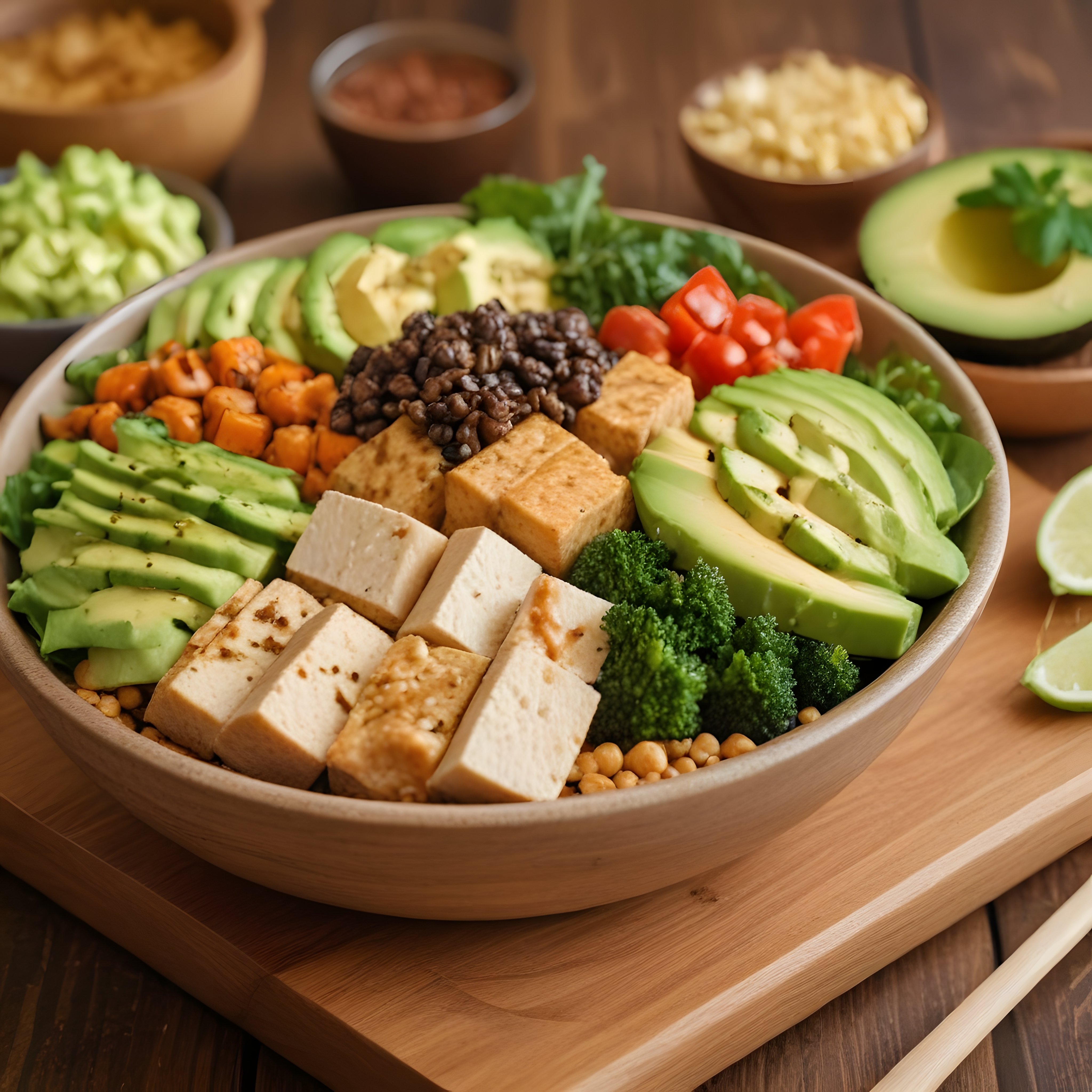 Ahşap Sunumlu Renkli Vegan Kase: Tofu ve Taze Sebzelerle Besleyici Öğün