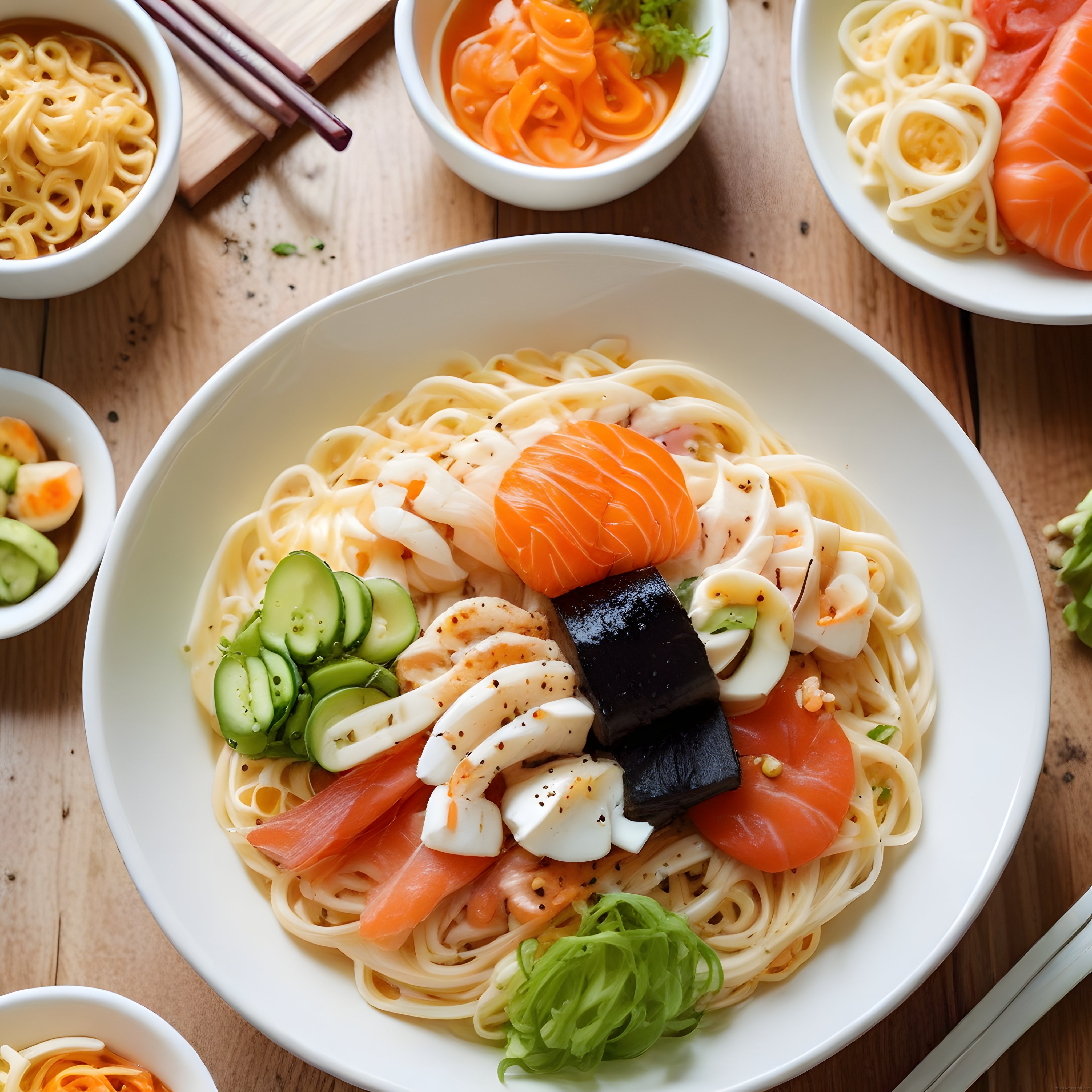 Ahşap Sunumlu Somon ve Sebzeli Noodle Kasesi: Sağlıklı Gurme Tarif