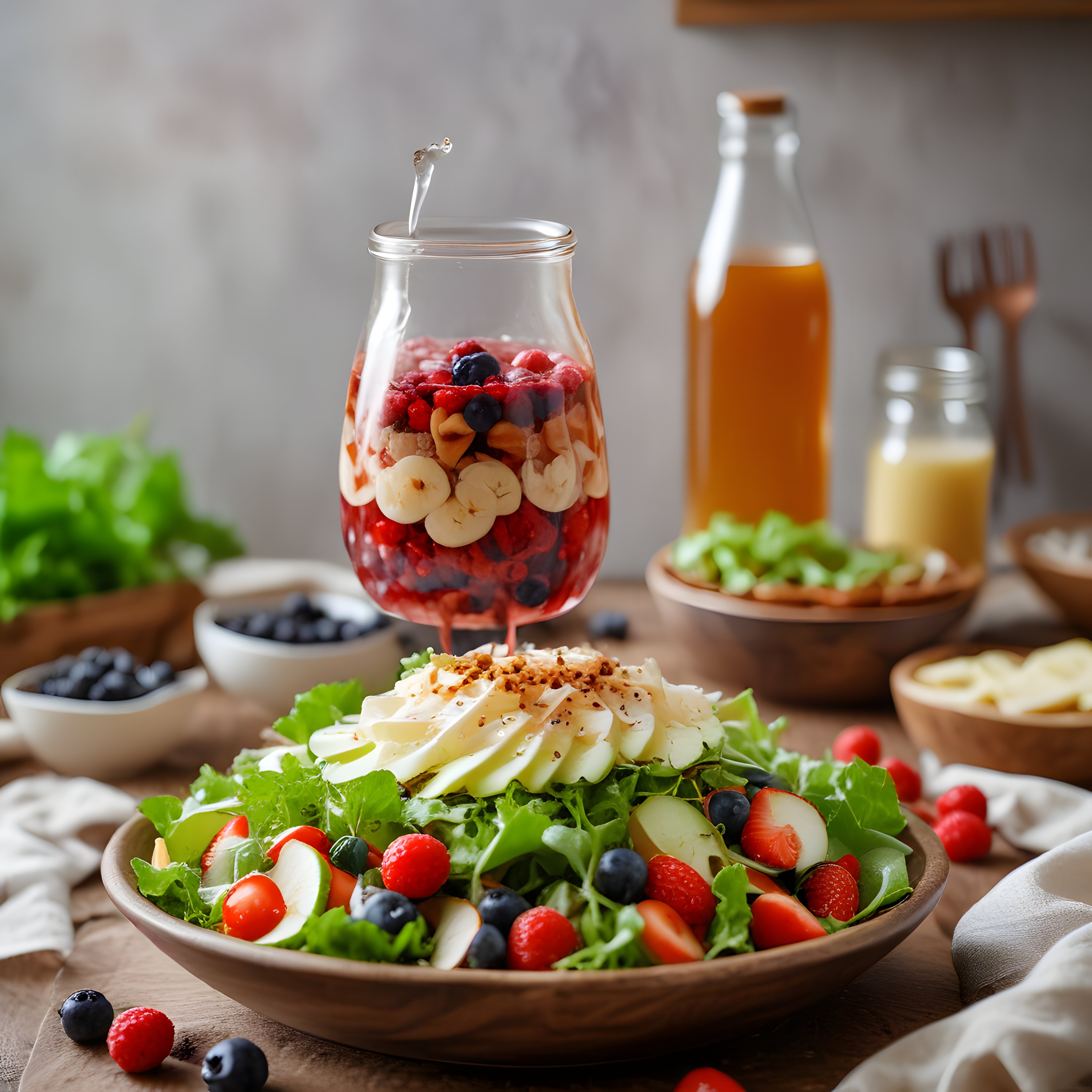 Ahşap Sunumlu Taze Meyve Salatası ve Katlı Smoothie Kasesi