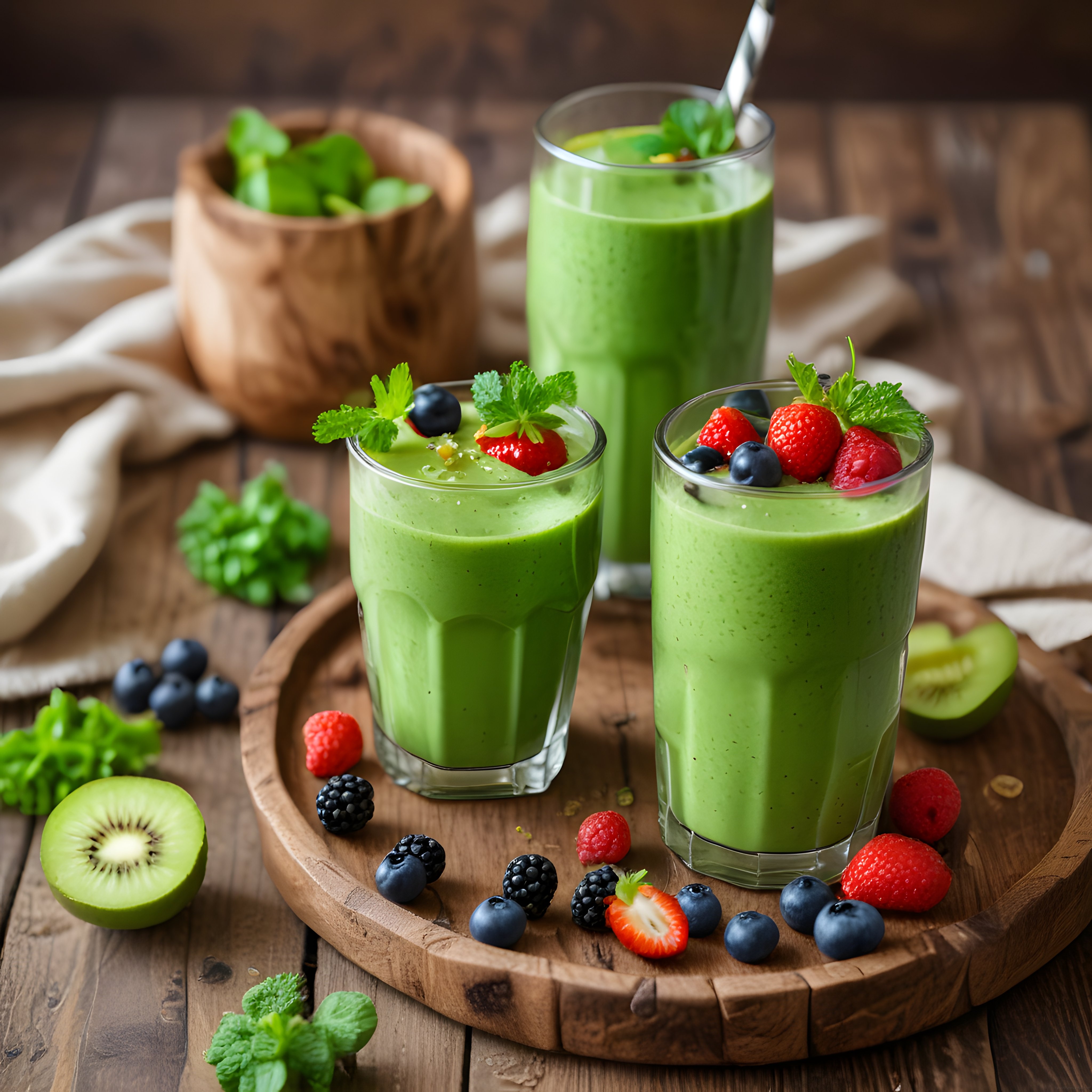 Ahşap Sunumlu Taze Meyveli Yeşil Smoothie ve Sağlıklı İçecek Tarifi