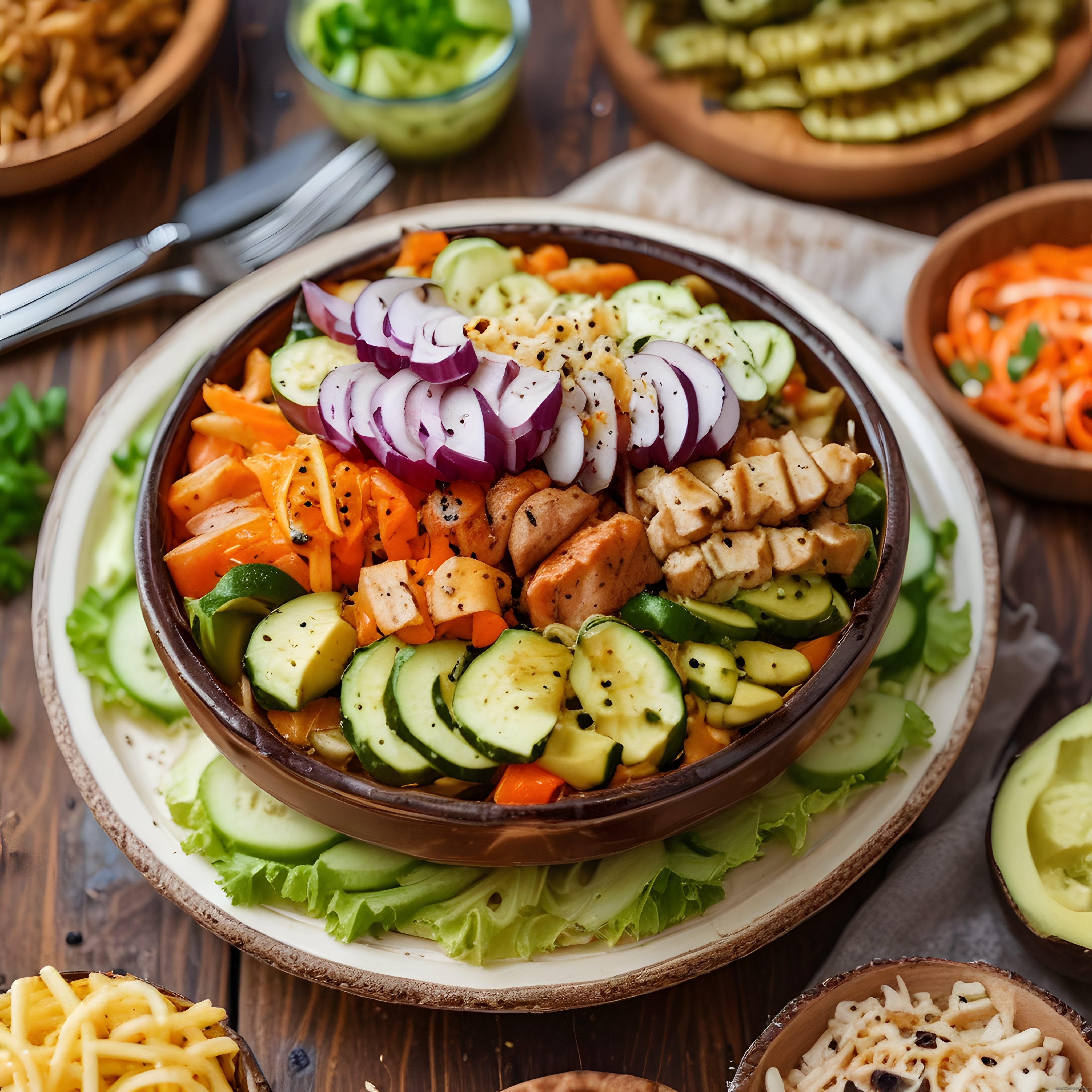 Ahşap sunumlu taze sebzeler ve tavuklu renkli sağlıklı bowl tarifi