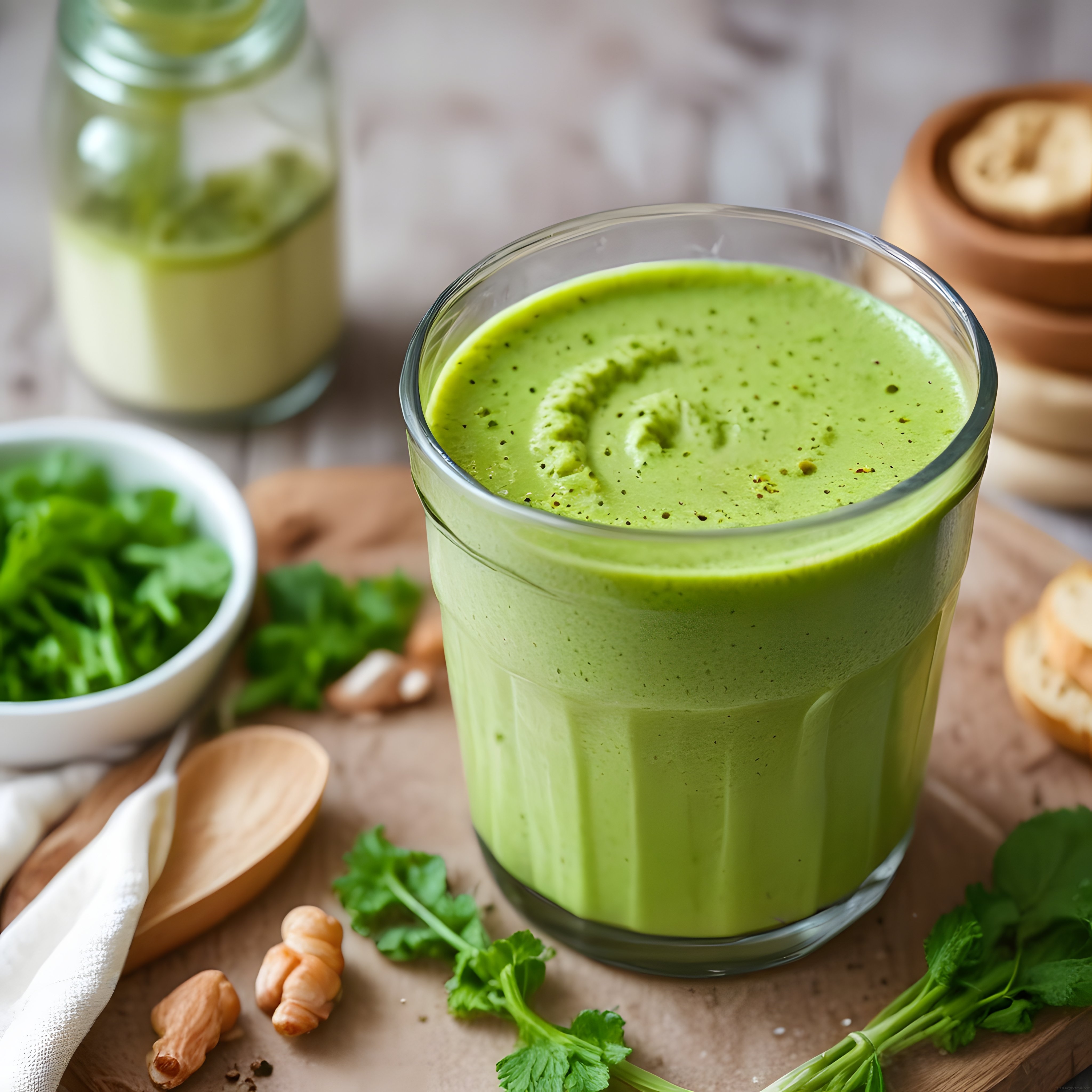 Ahşap Sunumlu Taze Yeşil Smoothie ve Sağlıklı Beslenme Konsepti