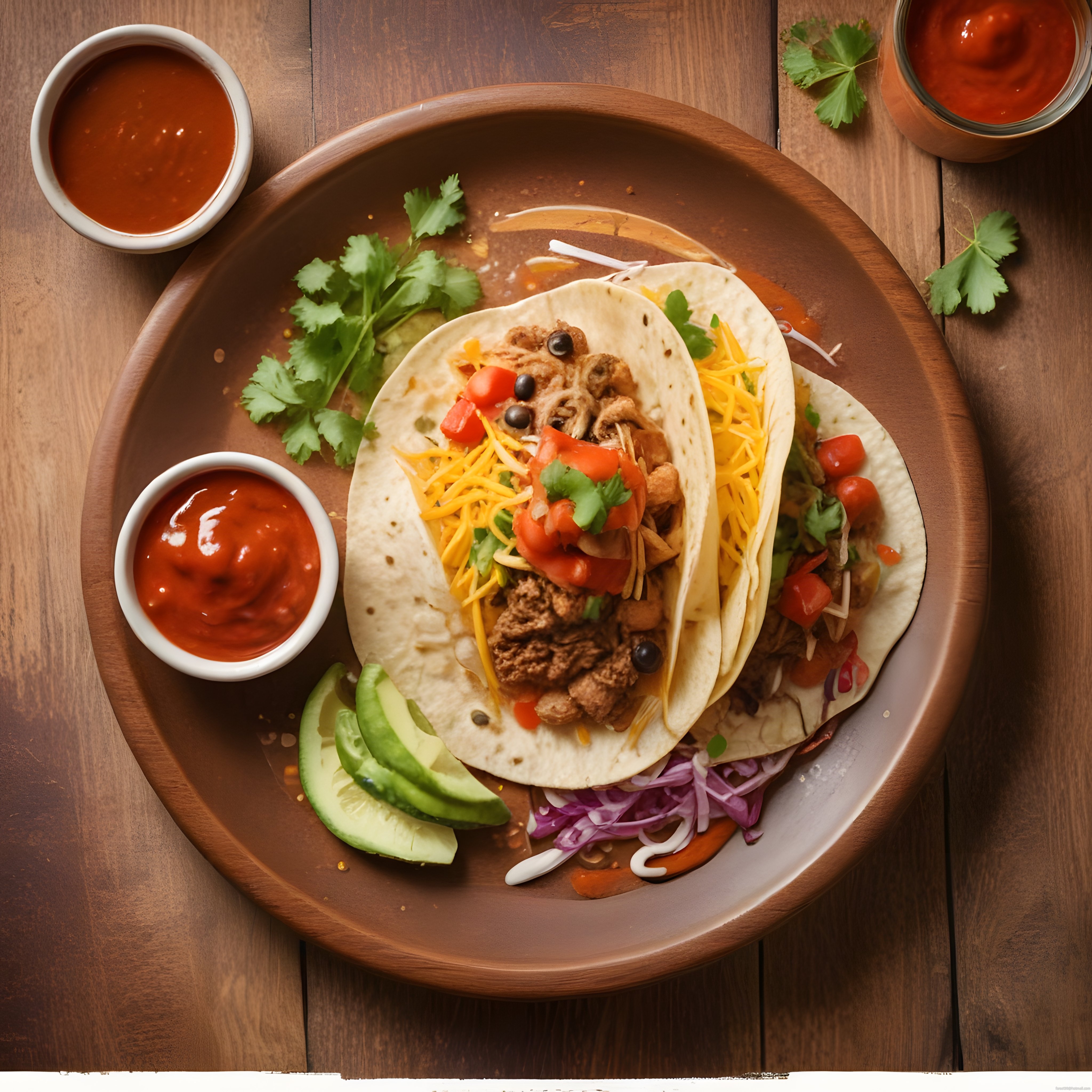 Ahşap Tabağın Üzerinde Renkli Garnitürlü ve Soslu Meksika Tacos Sunumu