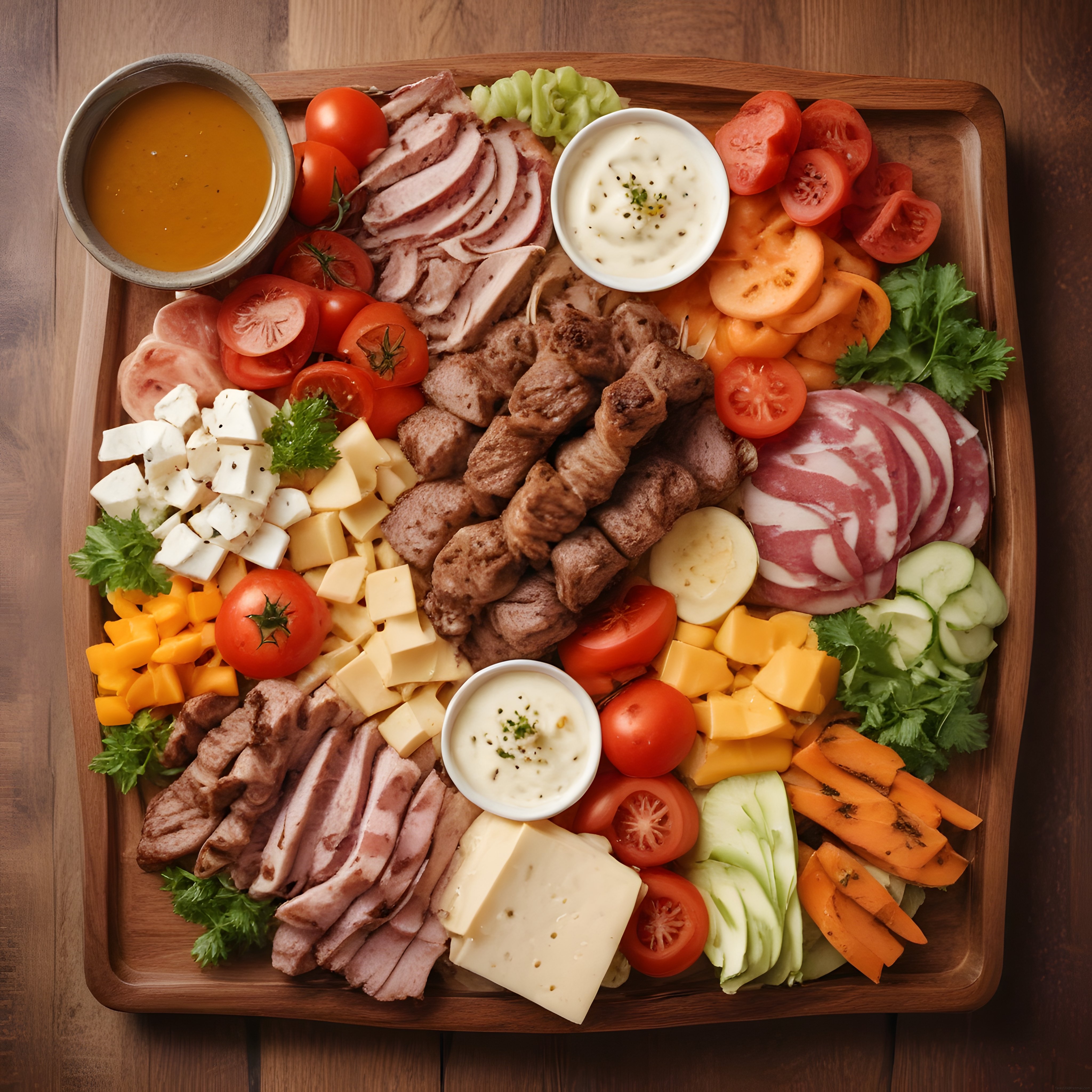 Ahşap Tabahta Kahvaltı Brunch Keyfi: Et, Peynir, Sebze ve Sos Eşliğinde
