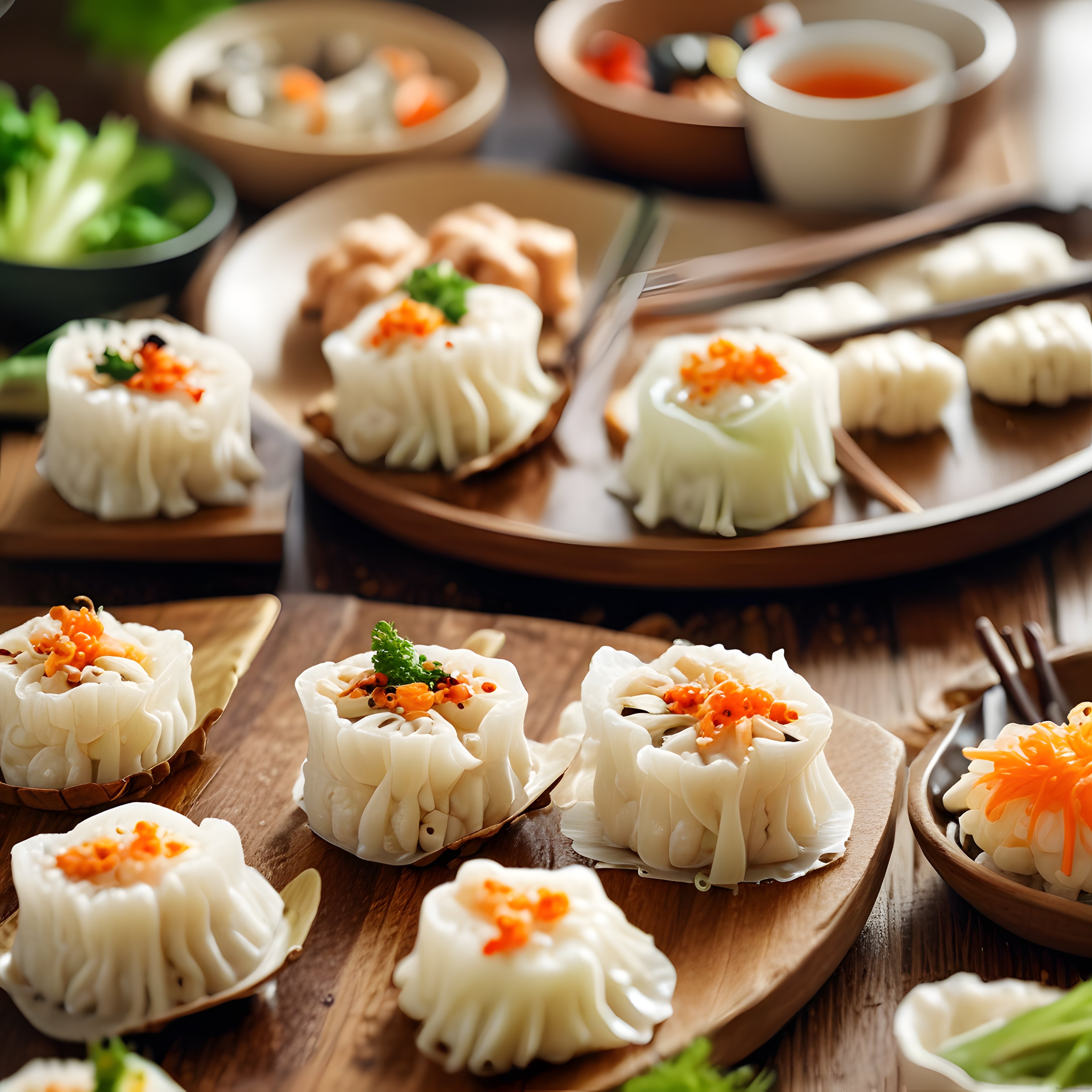 Ahşap tabaklarda sunulan buharla pişmiş çin mantıları ve dim sum lezzetleri