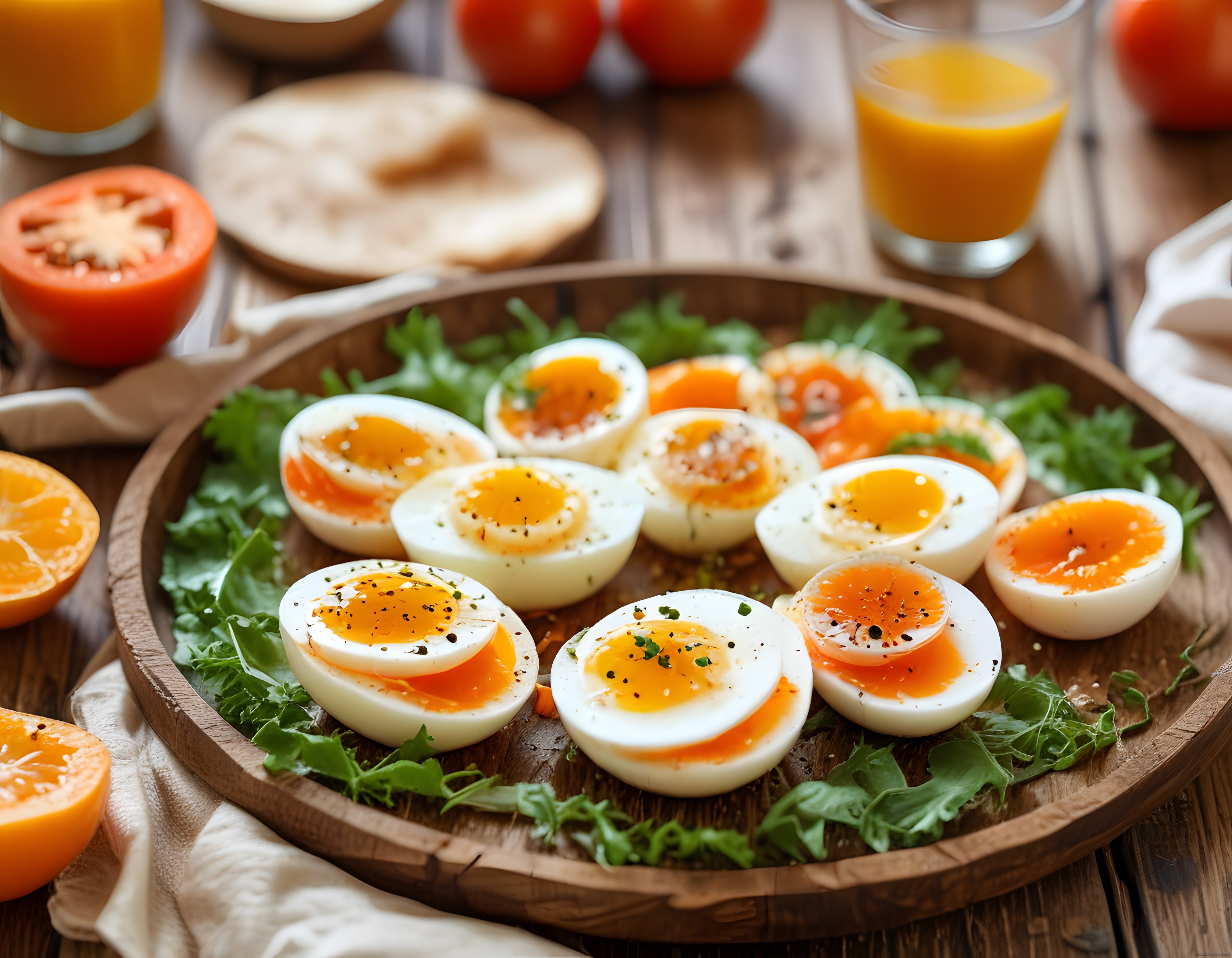 Ahşap tabakta baharatlı yumurta dilimleri ve yeşilliklerle rustik kahvaltı