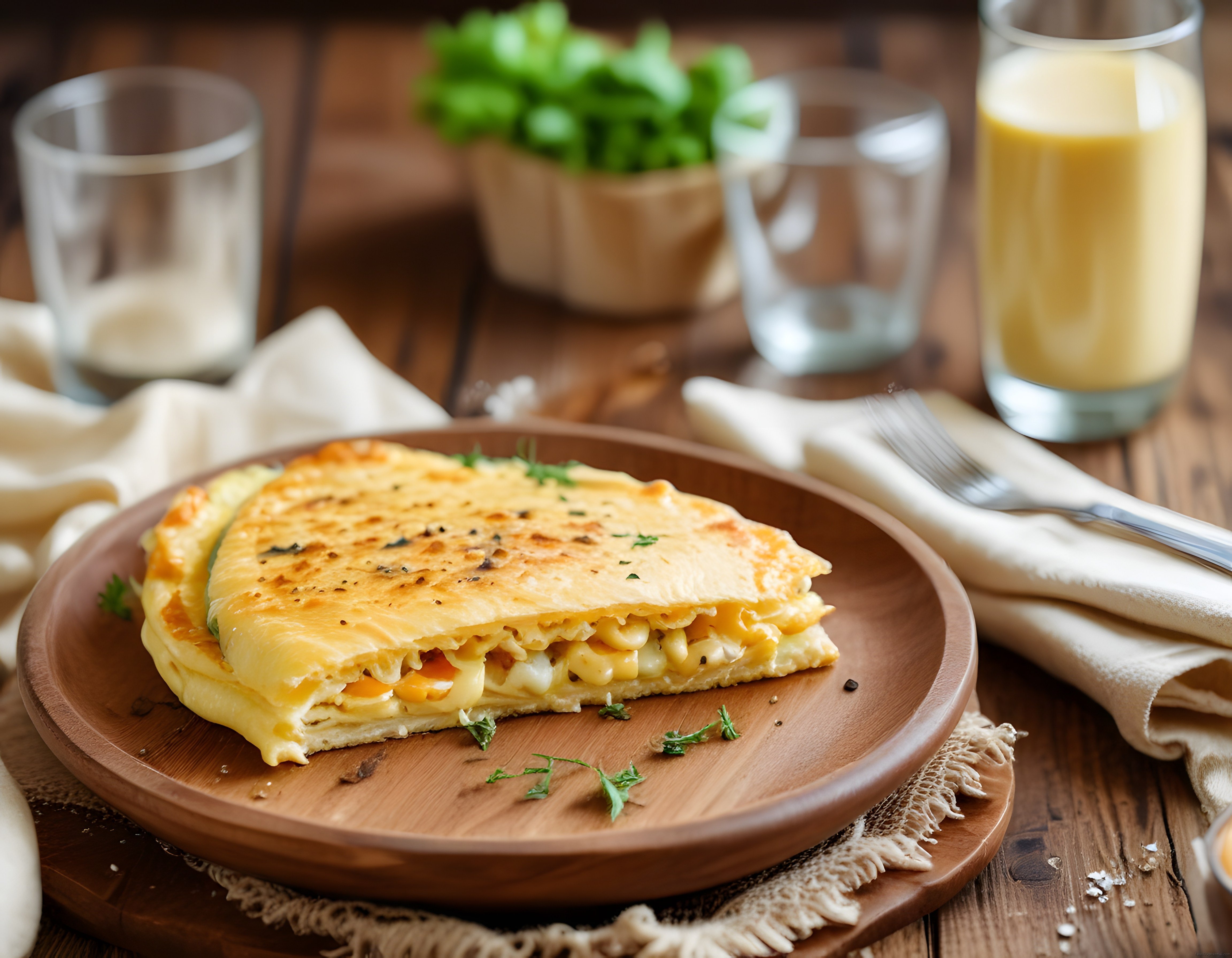 Ahşap Tabakta Bol Peynirli Sıcacık Omlet ve Portakal Suyuyla Kahvaltı