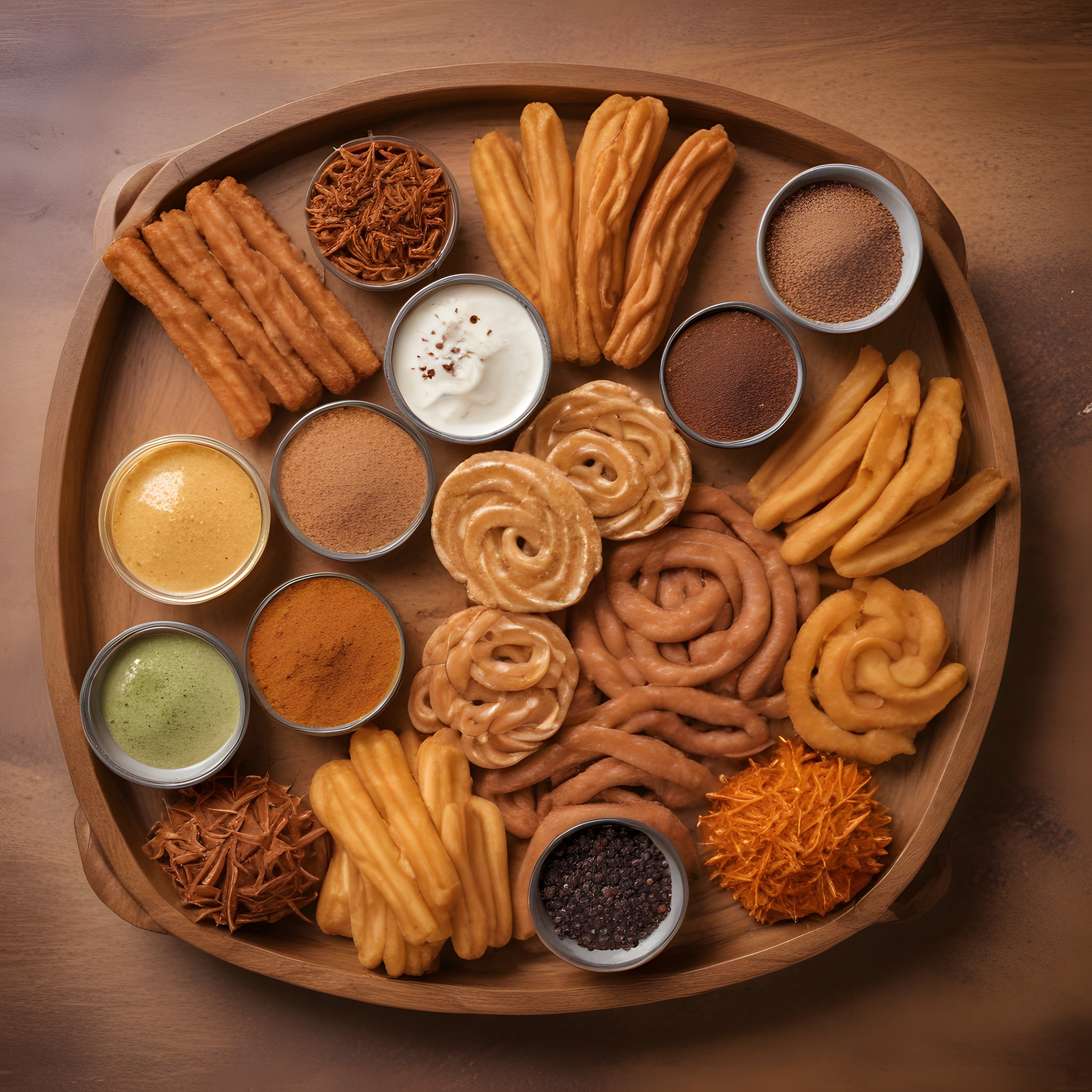 Ahşap Tabakta Çeşitli Şekillerde Churros ve Renkli Daldırma Sosları Sunumu