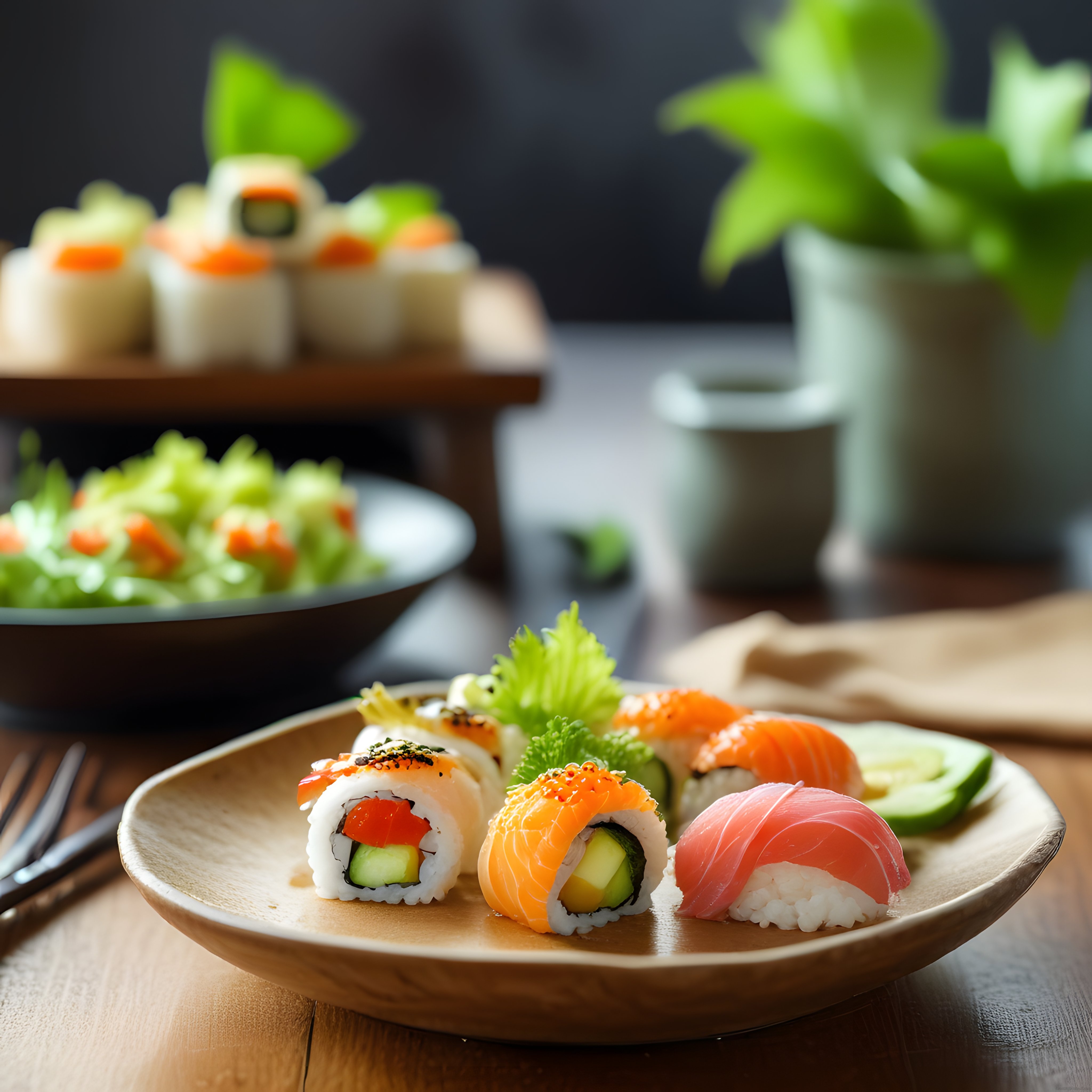 Ahşap Tabakta Çeşitli Sushi Sunumu ve Sıcak Restoran Atmosferi