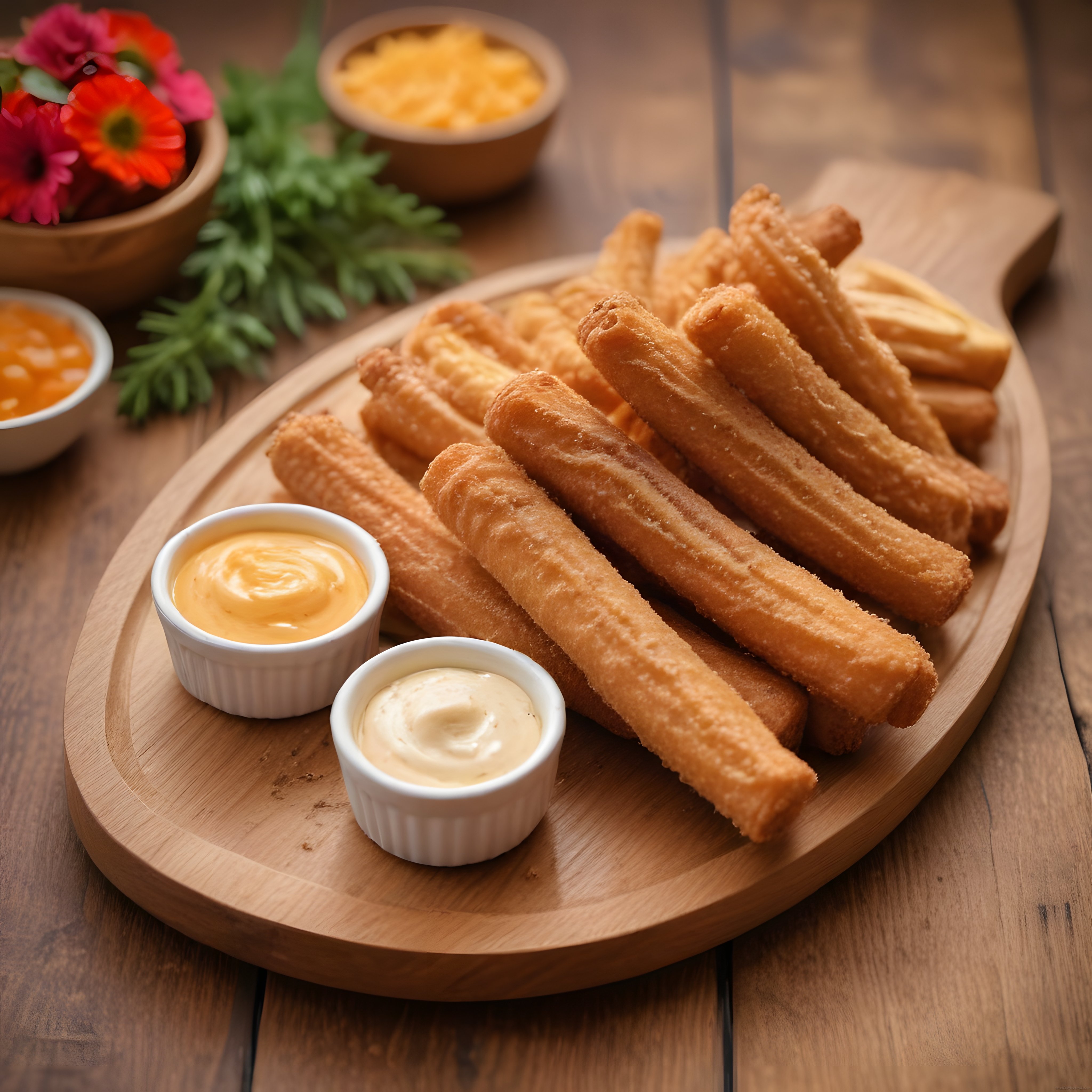 Ahşap tabakta çıtır churros ve sos kaseleri