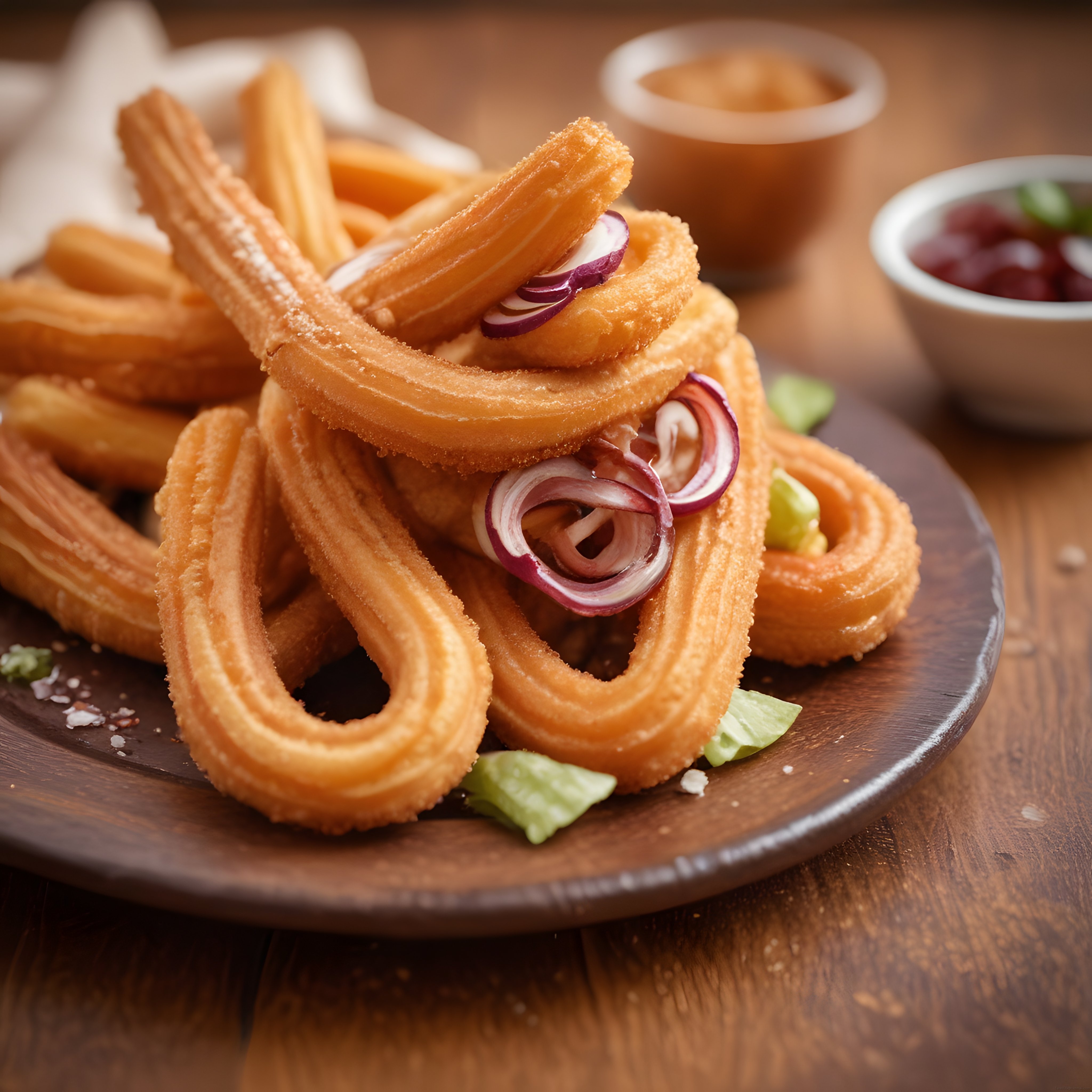 Ahşap Tabakta Çıtır Tuzlu Churro Kulesi, Soğan ve Marul Süslemeli
