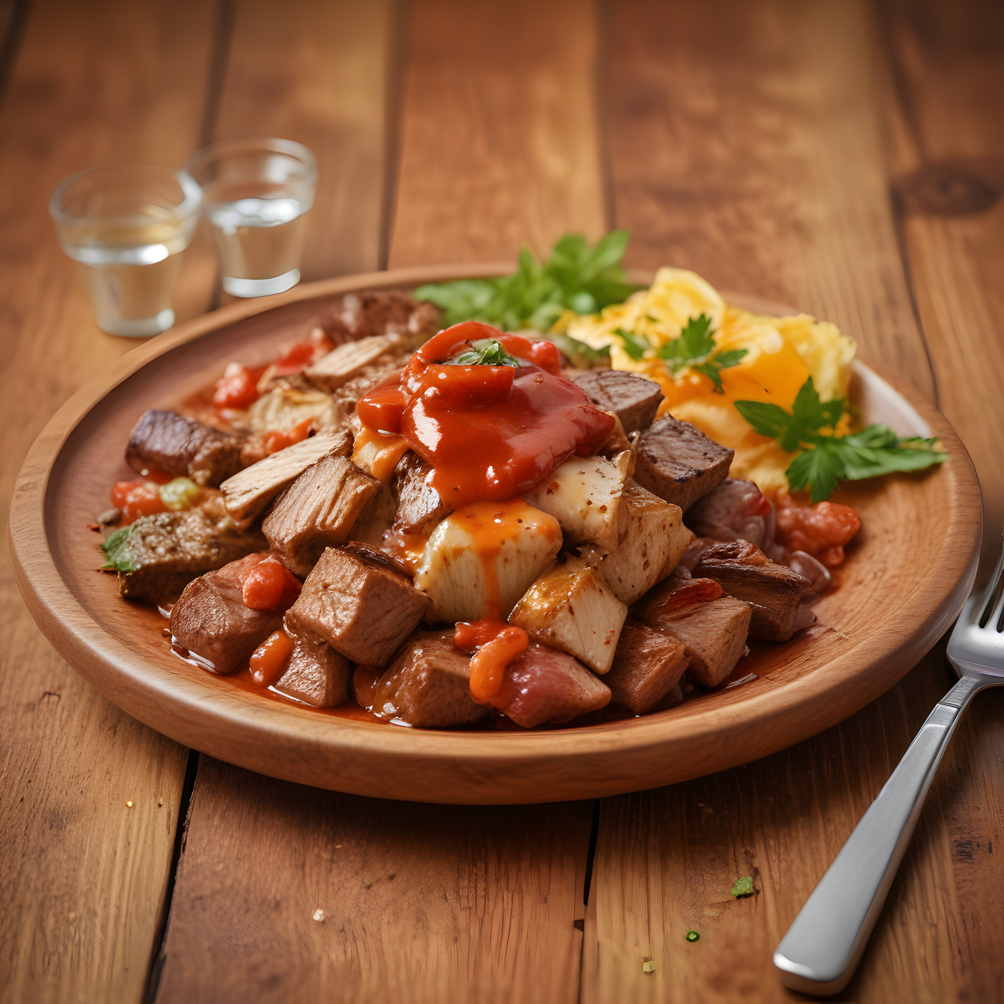 Ahşap Tabakta Domates Soslu Etli Mantar ve Patates Püresi Yemeği