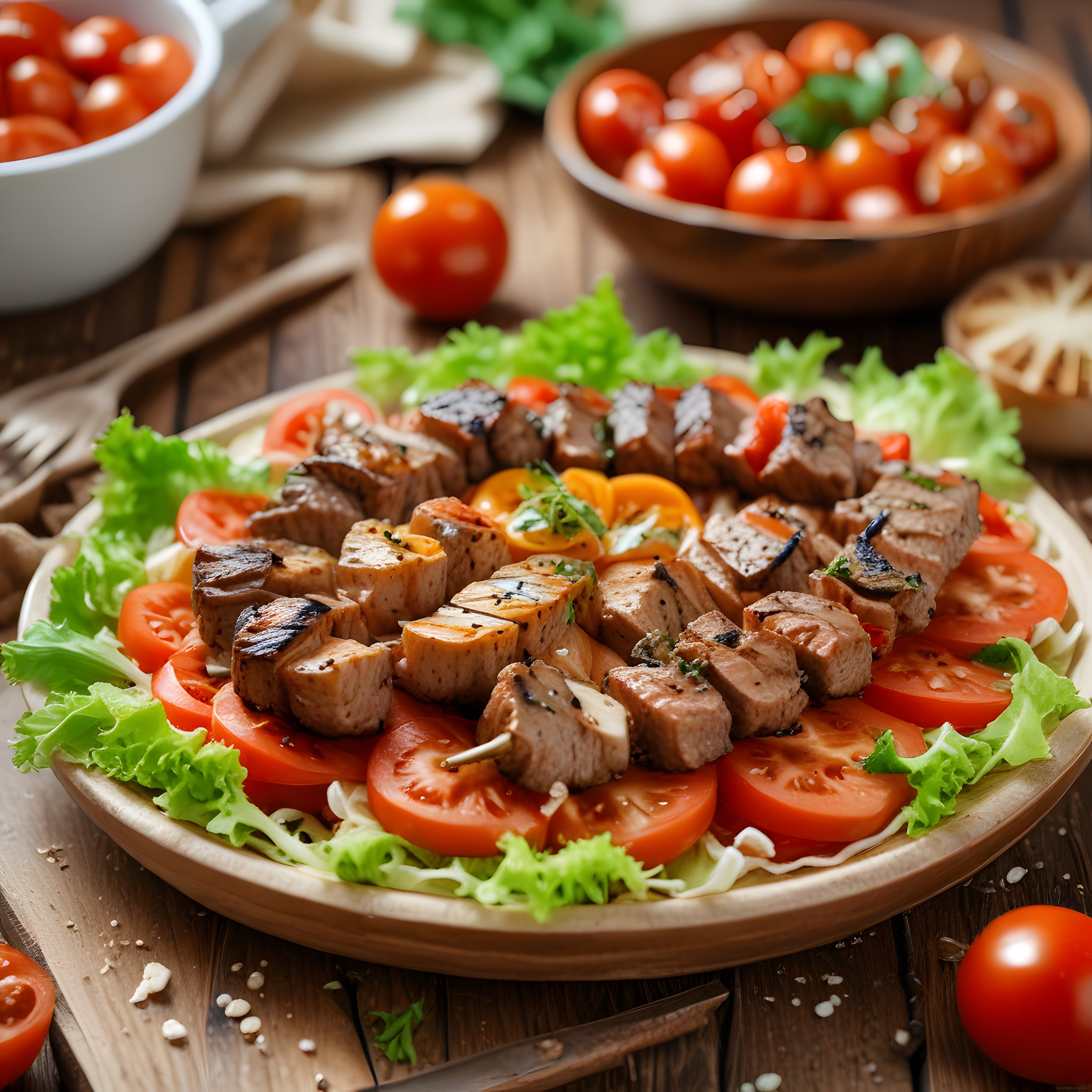 Ahşap Tabakta Domates ve Marul Yapraklarıyla Nefis Izgara Et Şişleri