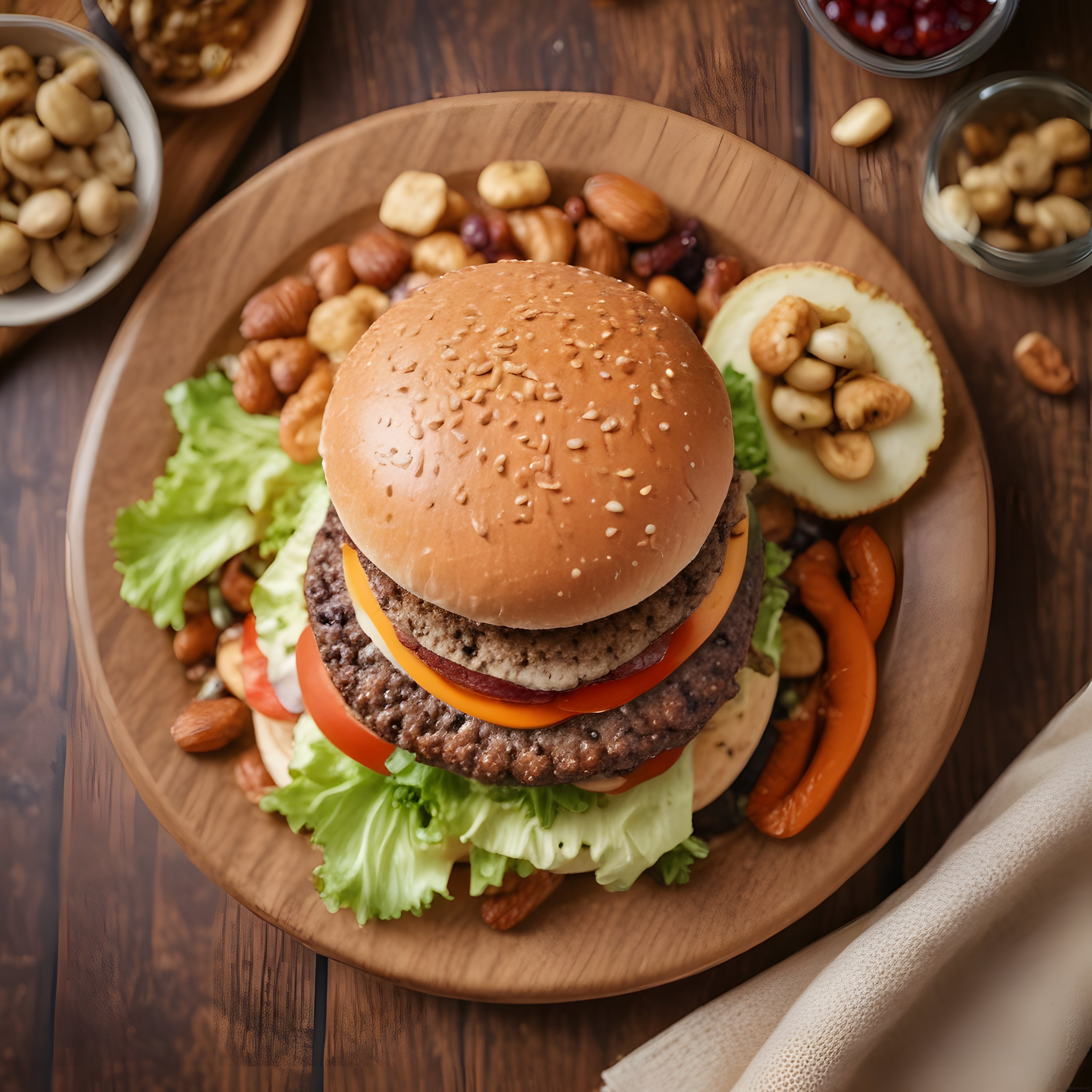 Ahşap Tabakta Efsane Hamburger ve Kuruyemiş Eşliğinde Lezzet Şöleni