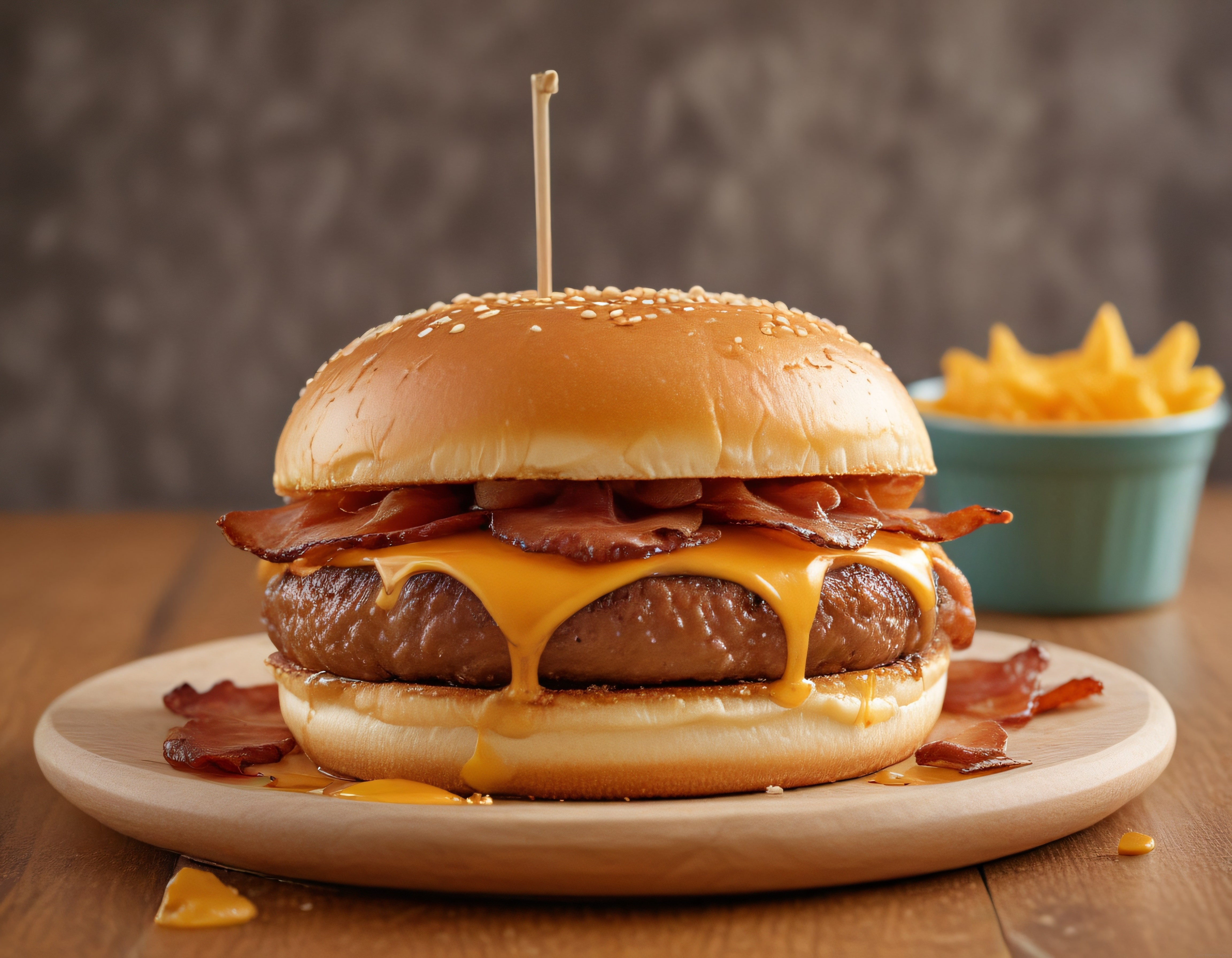 Ahşap Tabakta Erimiş Cheddarlı ve Pastırmalı Nefis Hamburger Sunumu