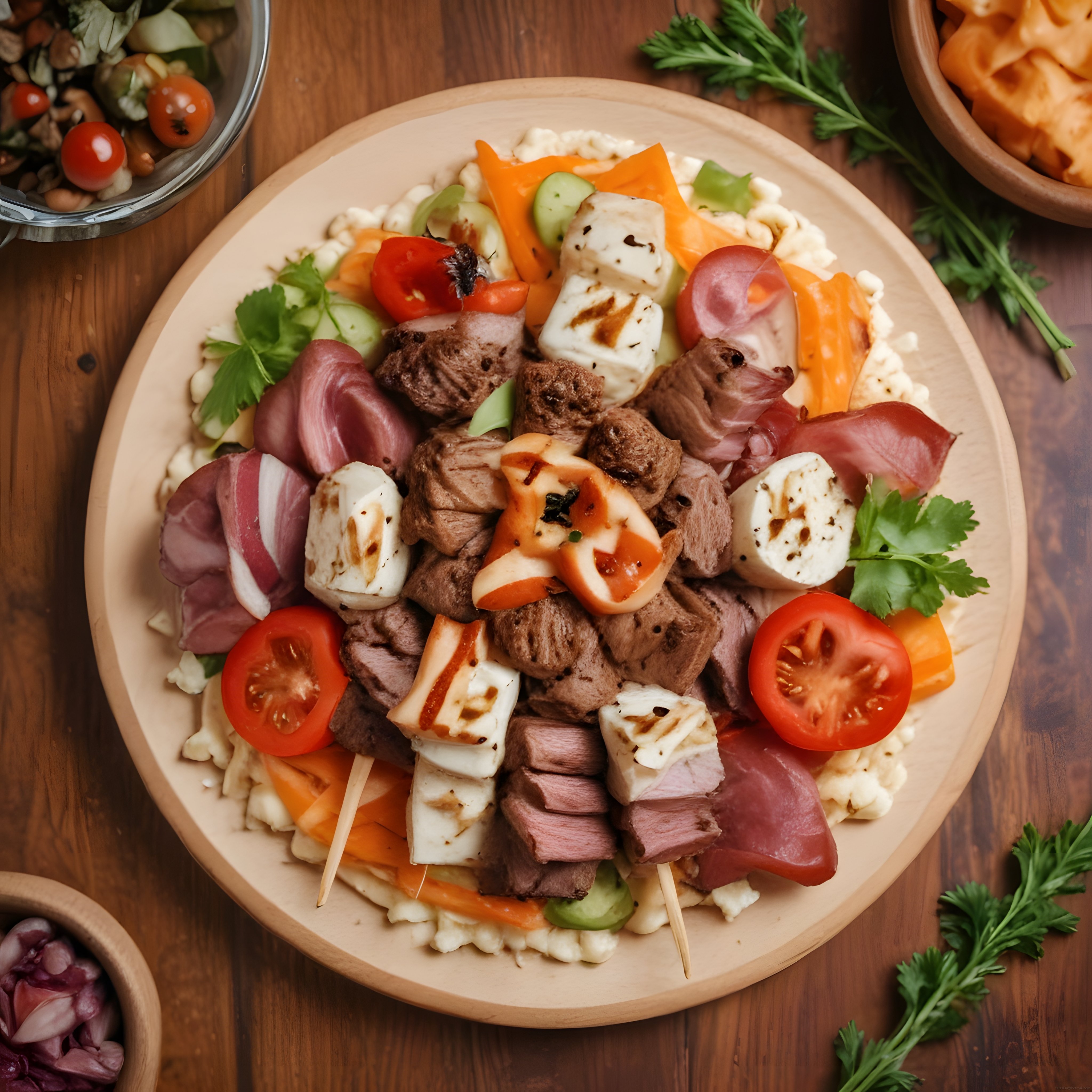 Ahşap tabakta et peynir ve sebzelerle hazırlanan protein salata kaseleri