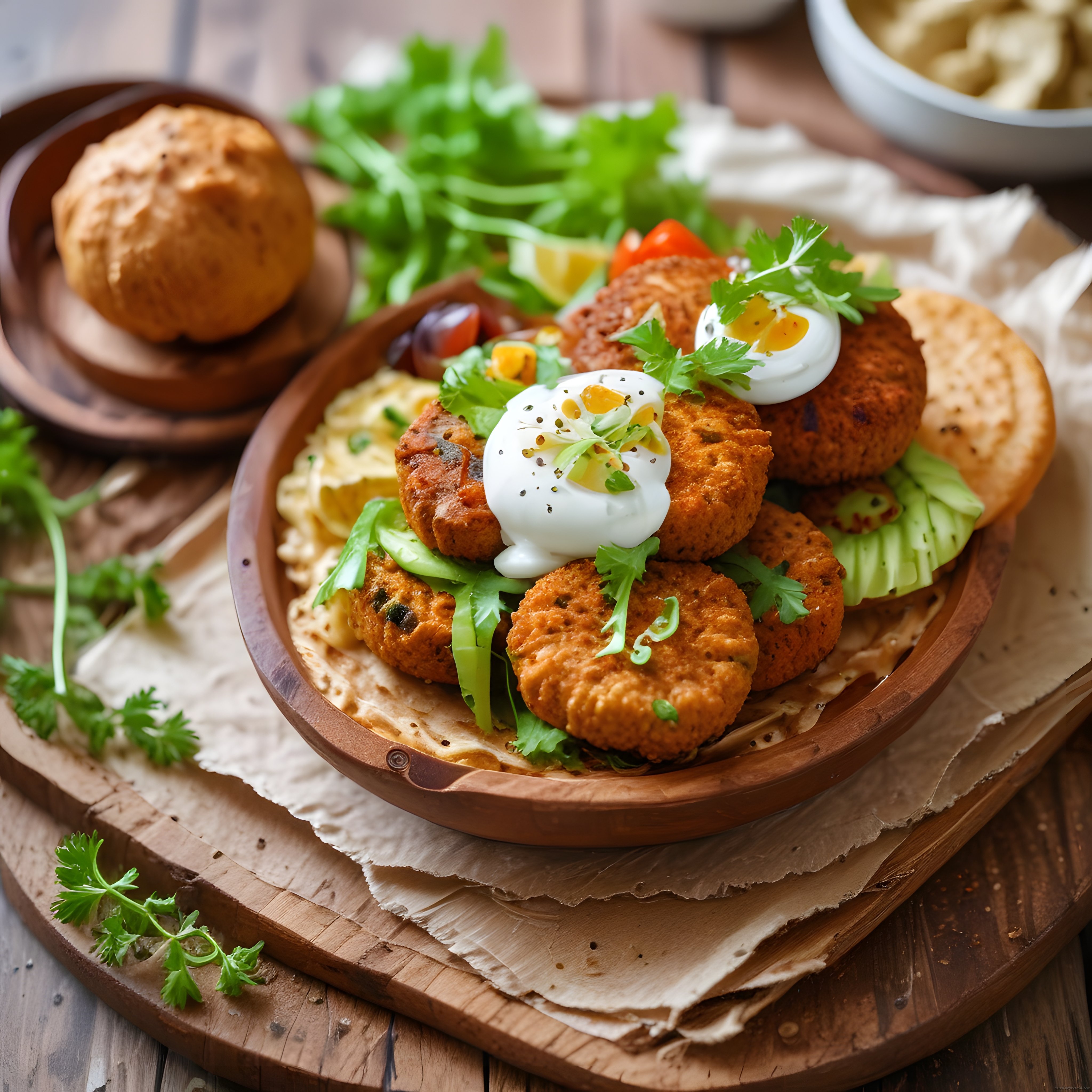 Ahşap Tabakta Falafel, Yumurta ve Avokado ile Ortadoğu Usulü Brunch Sunumu