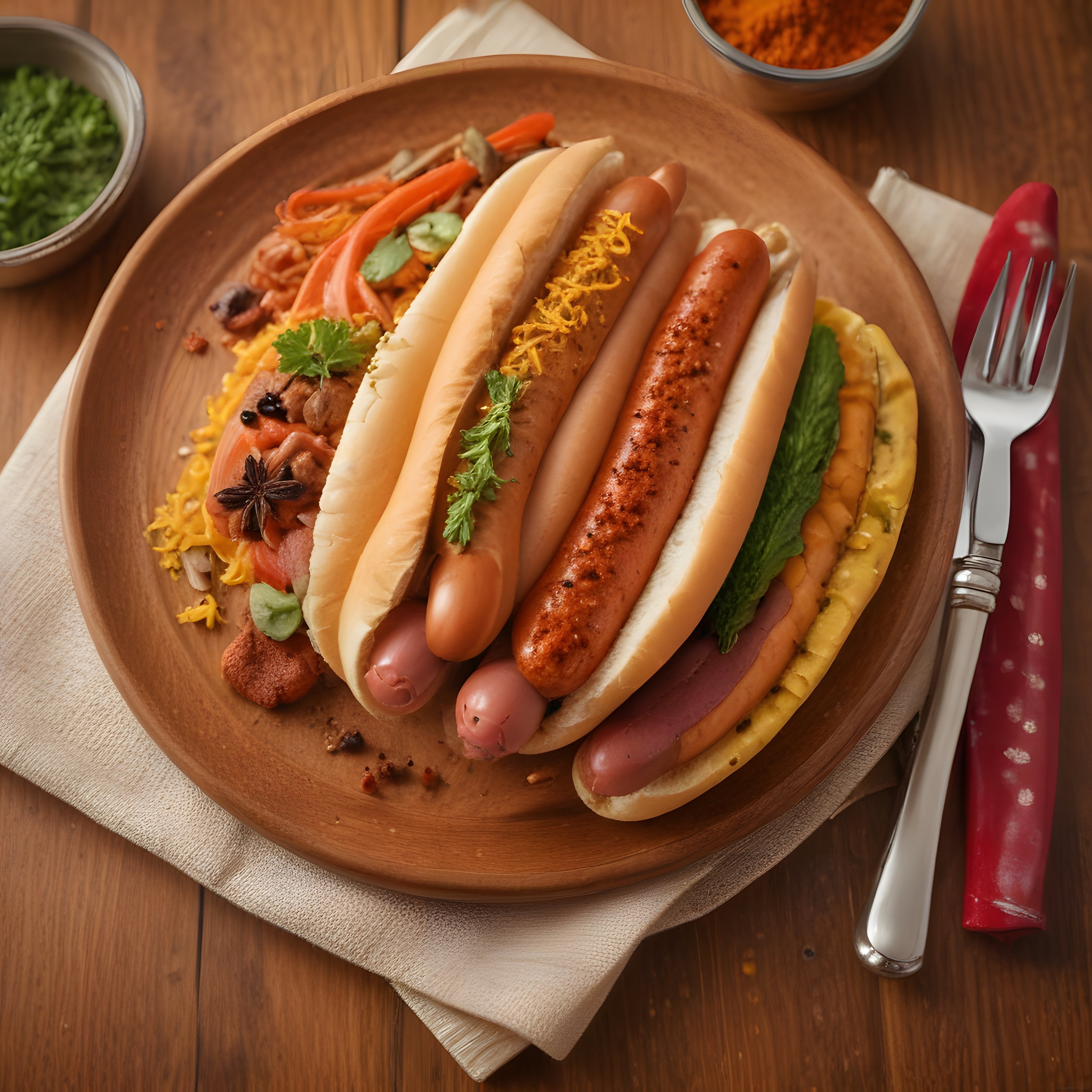 Ahşap Tabakta Garnitürlü Hot Dog ve Sosisli Sandviç Sunumu