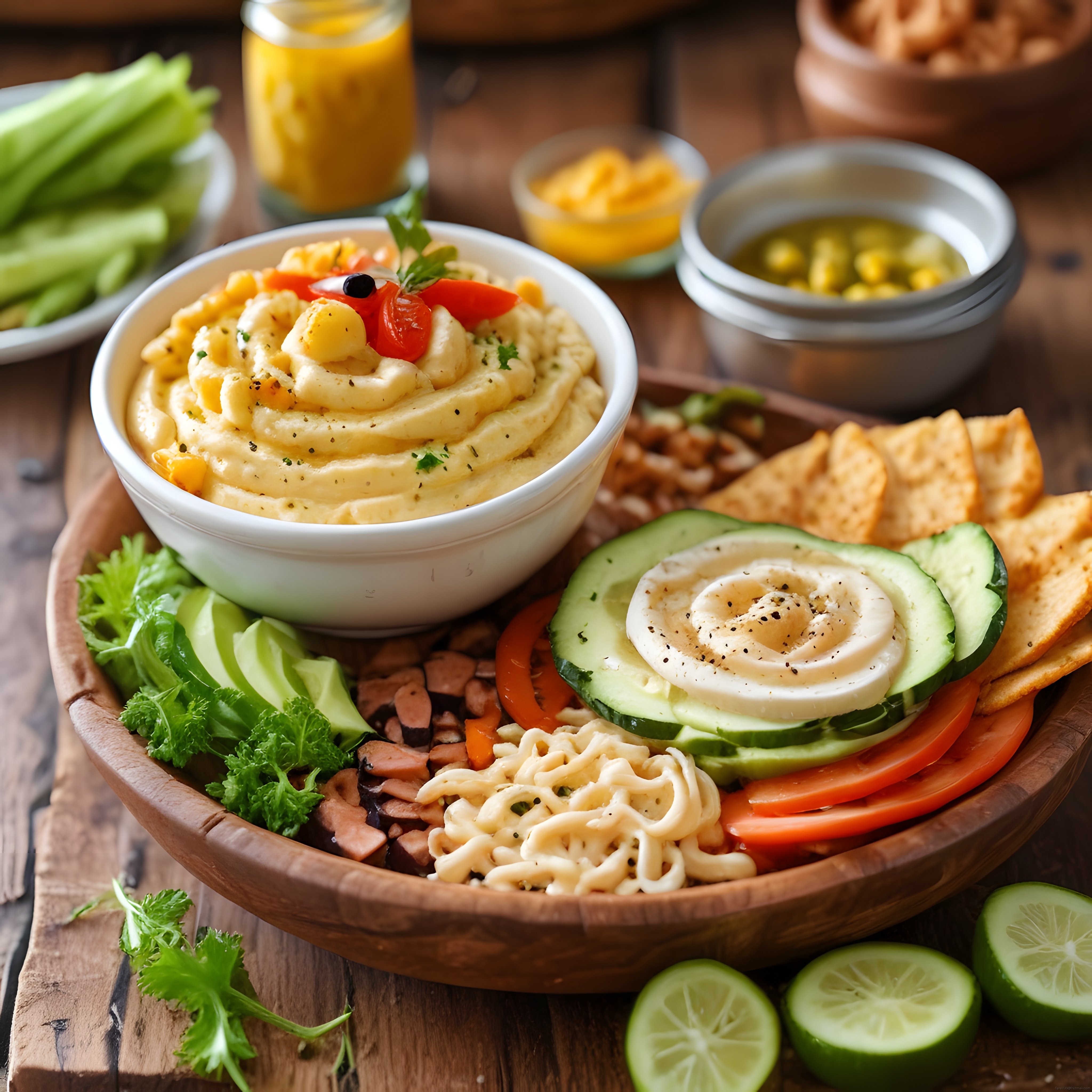 Ahşap Tabakta Humus, Avokado ve Sebzelerle Zengin Kahvaltı Sunumu