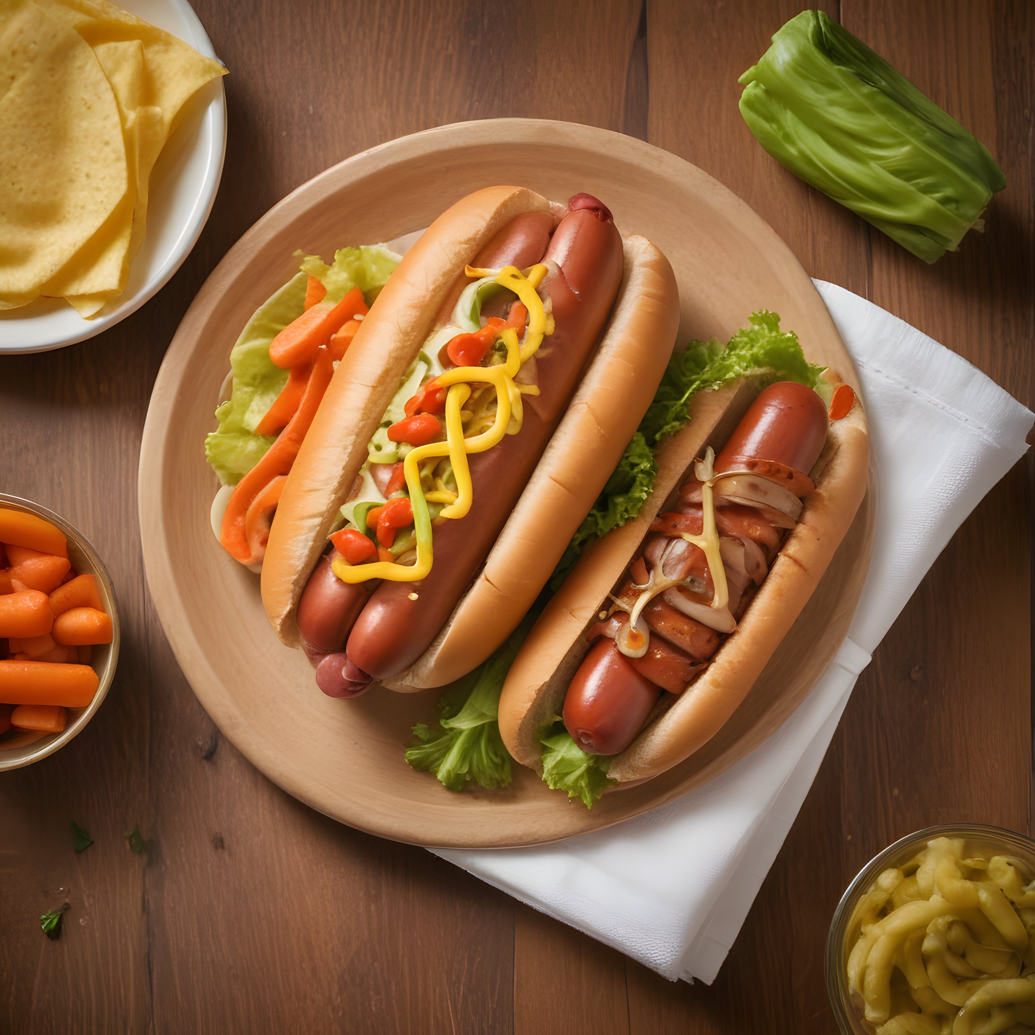 Ahşap Tabakta İki Farklı Soslu Hot Dog ve Yan Lezzetlerle Fast Food Masası