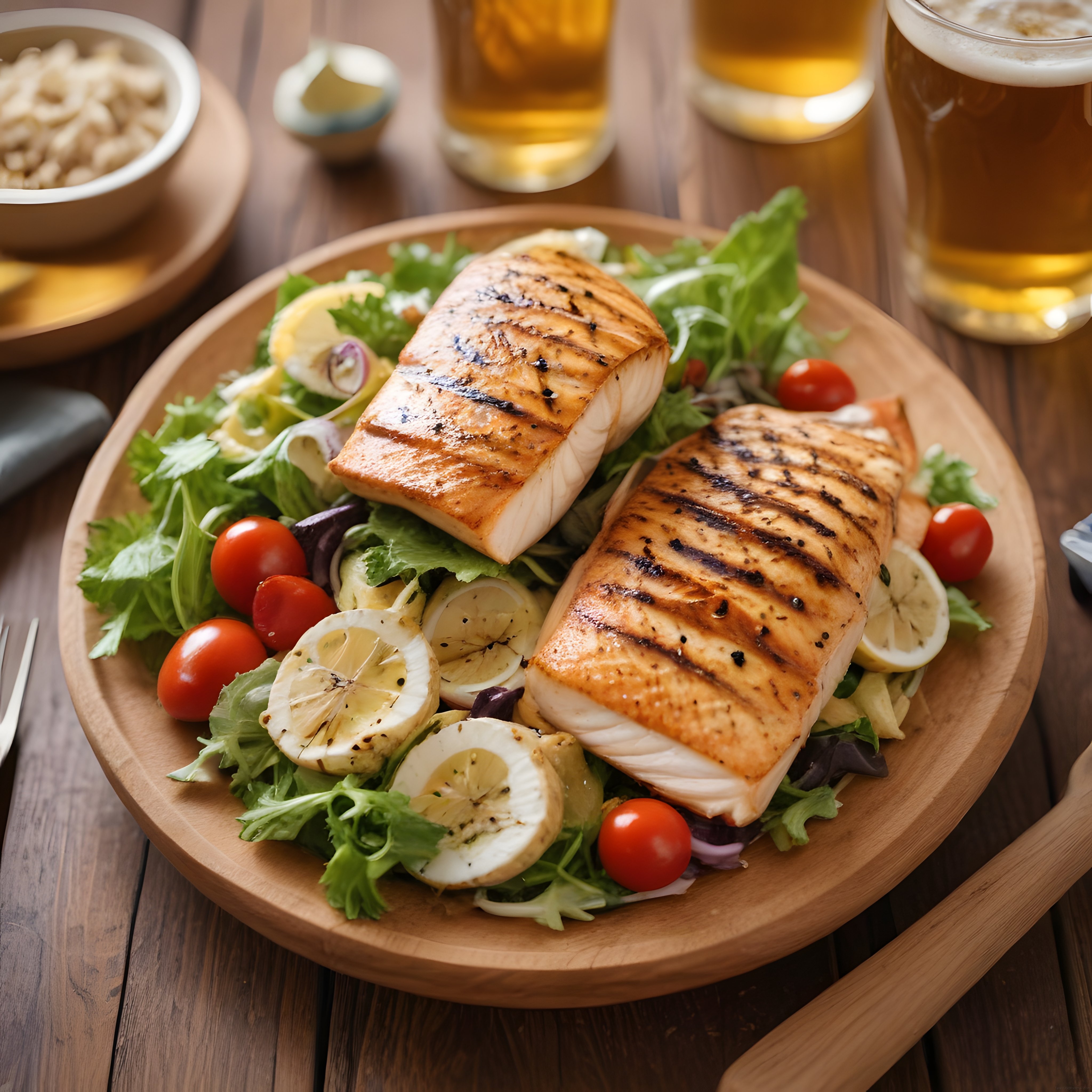 Ahşap Tabakta Izgara Balık ve Salata Sunumu ile Bira Eşliğinde Akşam Yemeği