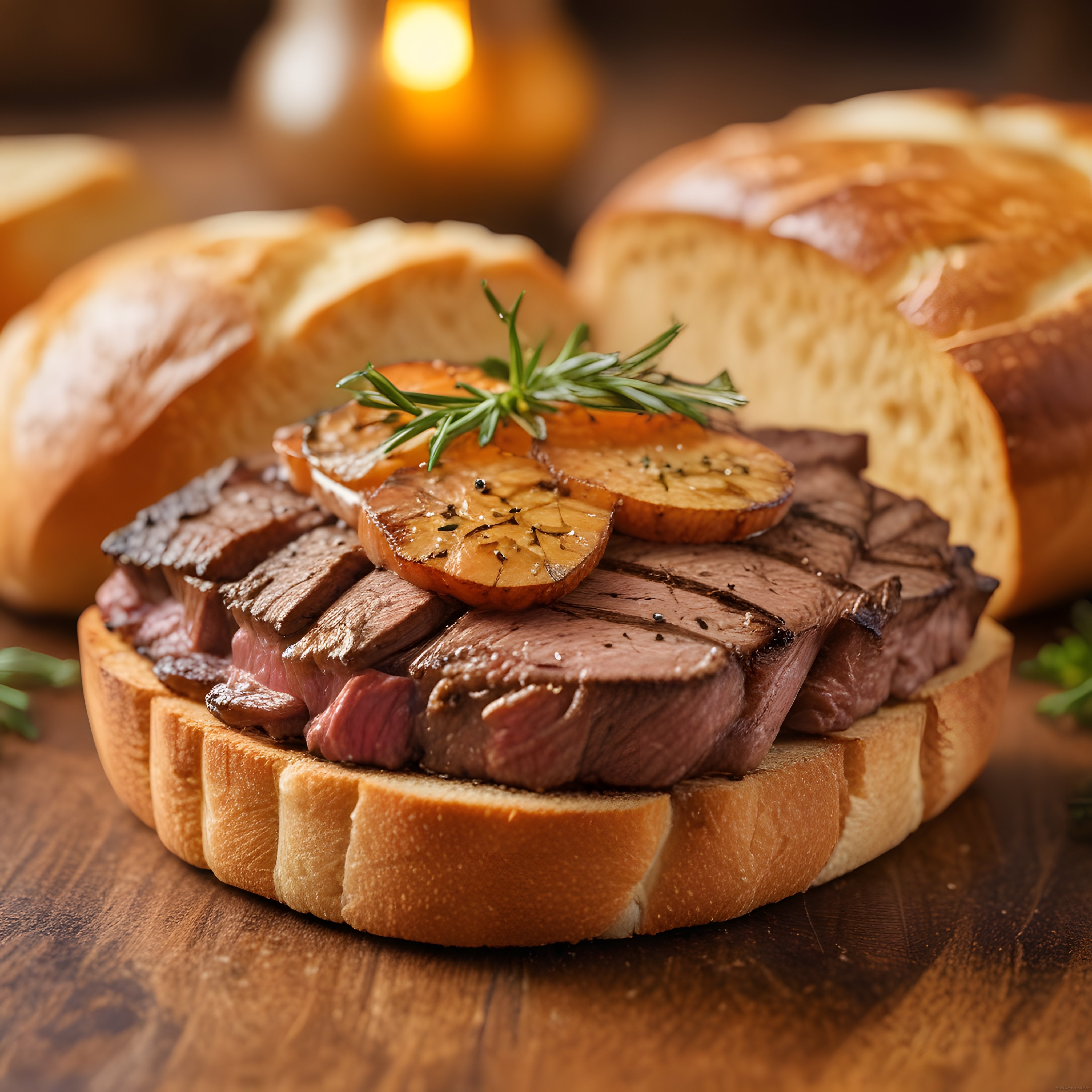 Ahşap Tabakta Izgara Biftek ve Patates Dilimli Biberiyeli Gurme Et Sandviç