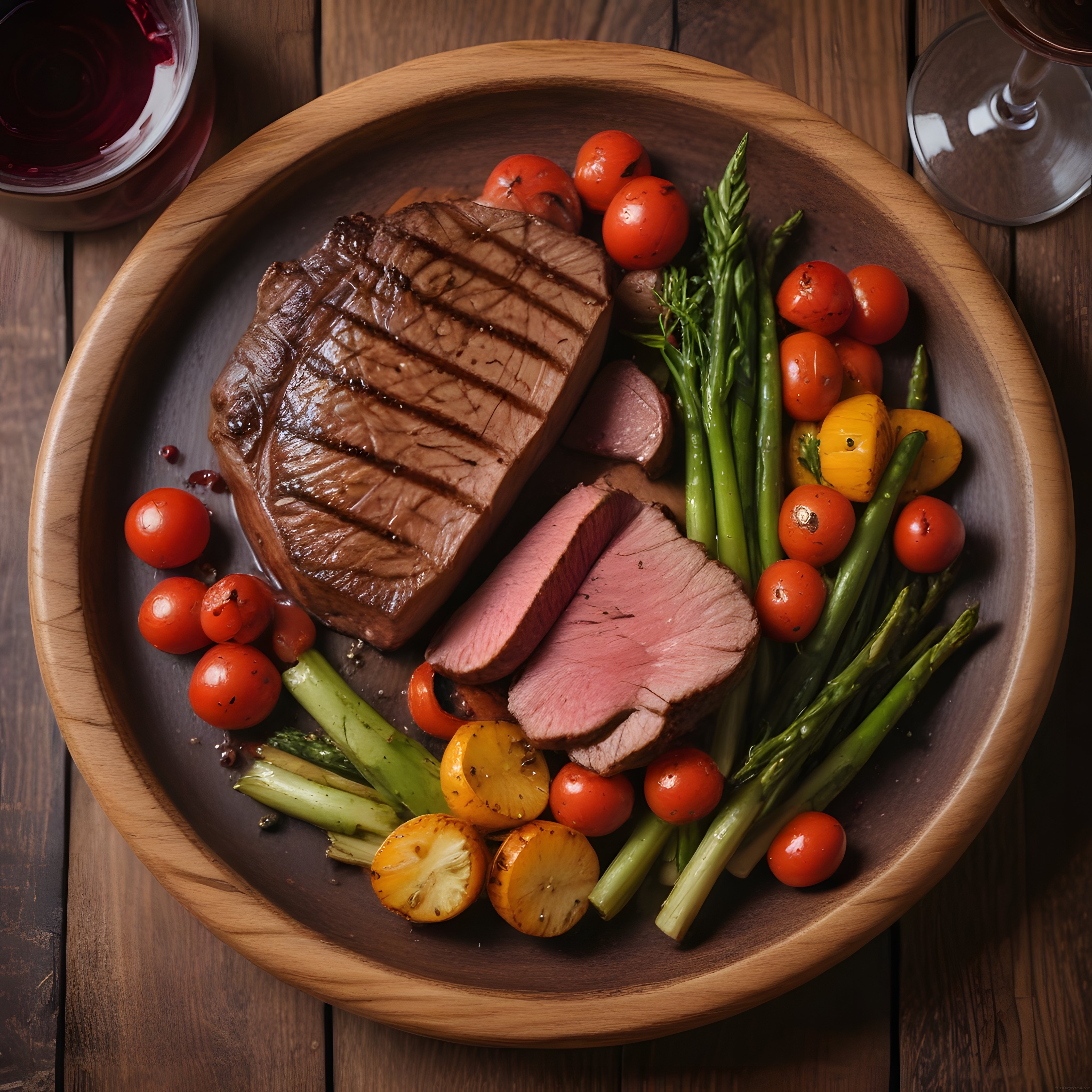 Ahşap Tabakta Izgara Biftek ve Taze Sebzelerle Gourmet Akşam Yemeği