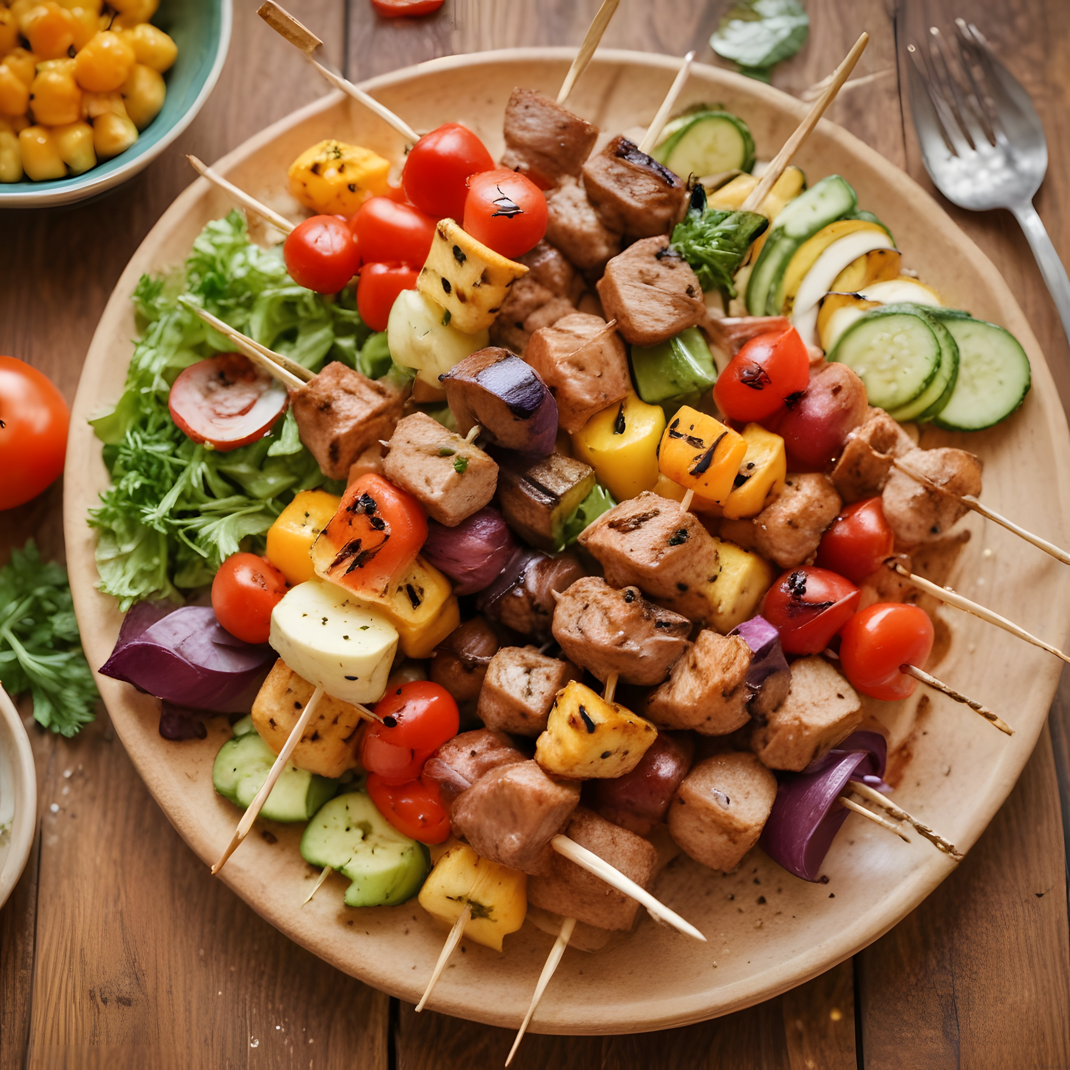 Ahşap Tabakta Izgara Et Şiş Kebap ve Renkli Sebze Süslemesi