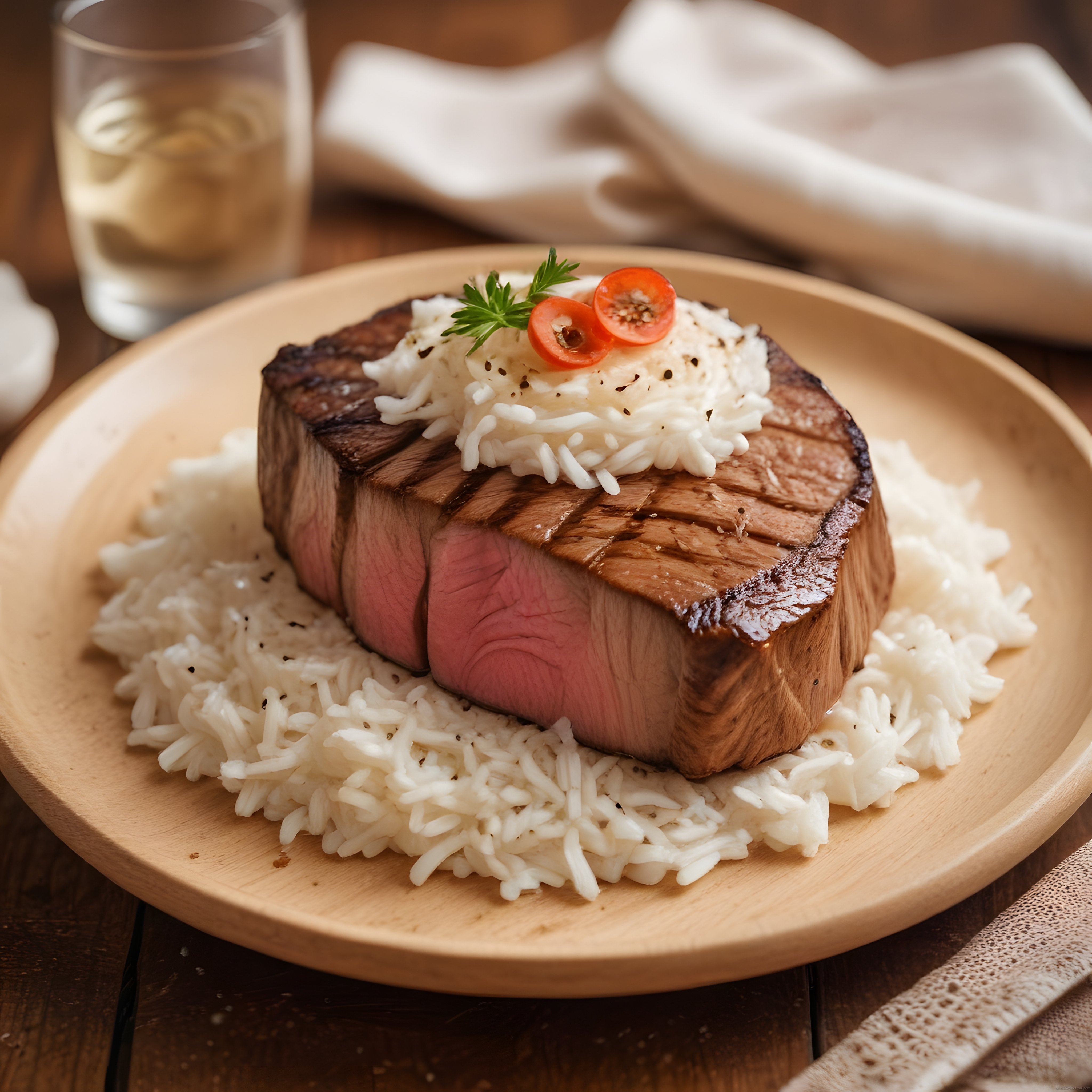 Ahşap Tabakta Izgara Et ve Basmati Pilavı: Nefis Ana Yemek Fotoğrafı