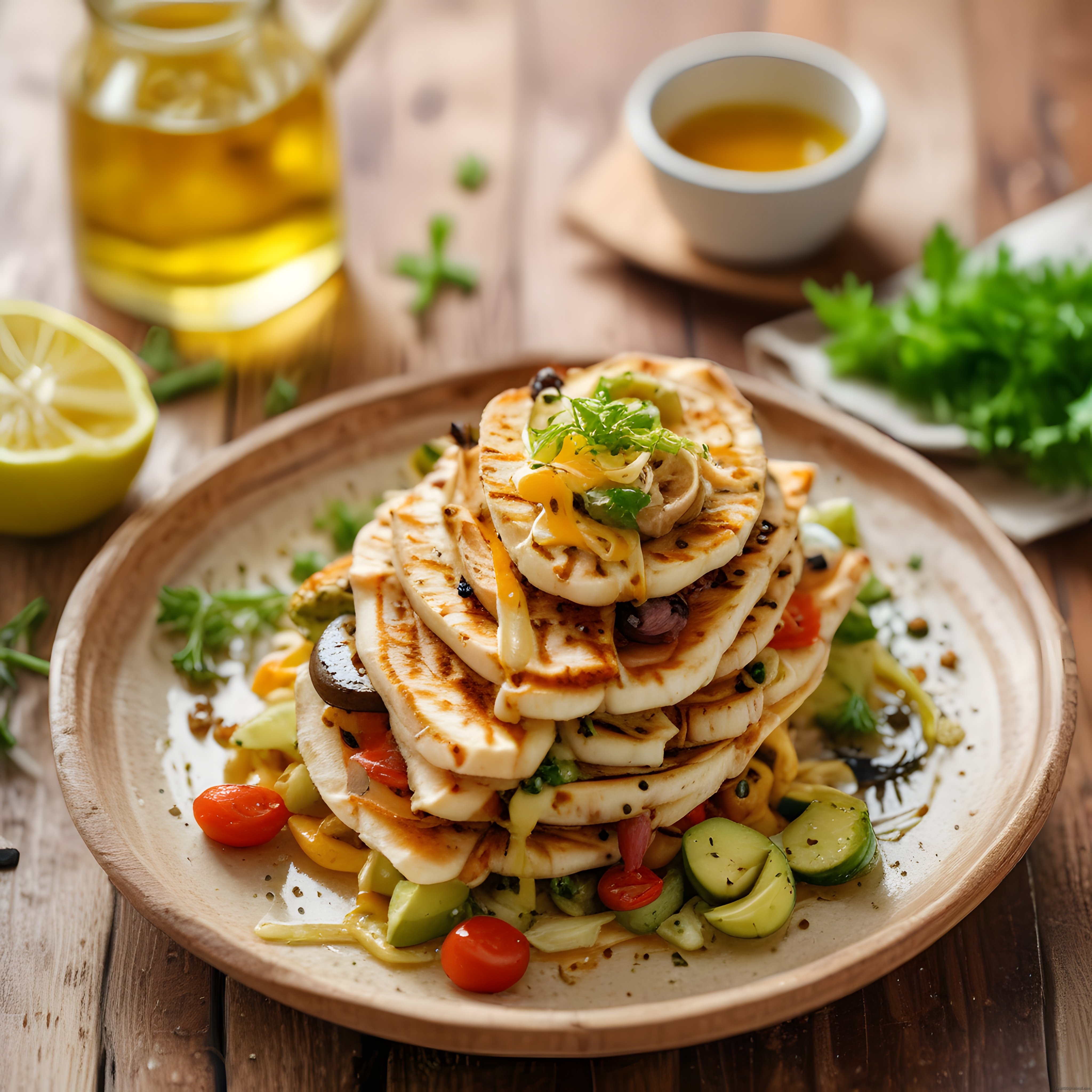Ahşap Tabakta Izgara Hellim Peyniri, Sebzeler ve Zeytinyağı Soslu Salata