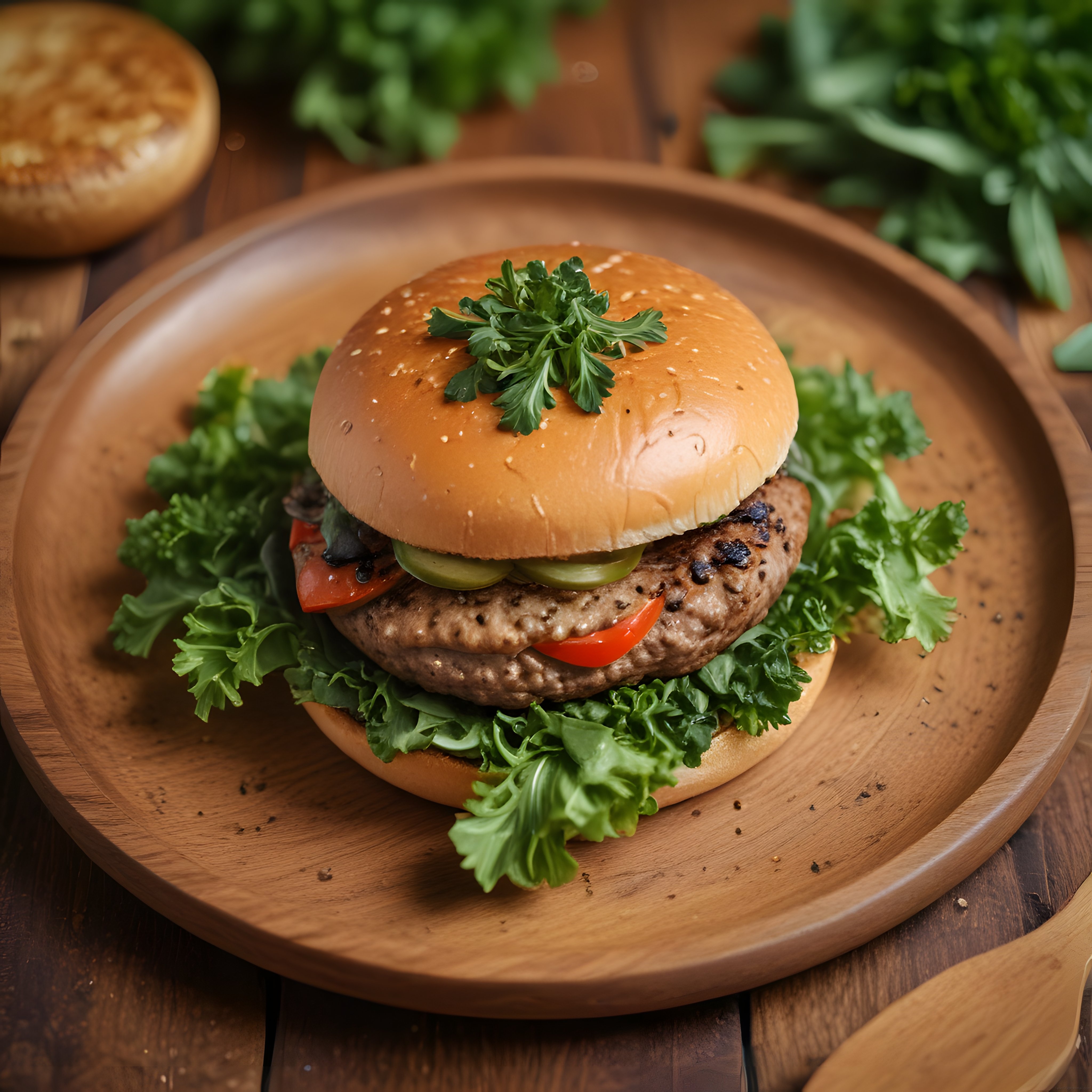 Ahşap Tabakta Izgara Köfte Hamburger ve Taze Yeşilliklerle Rustik Sunum