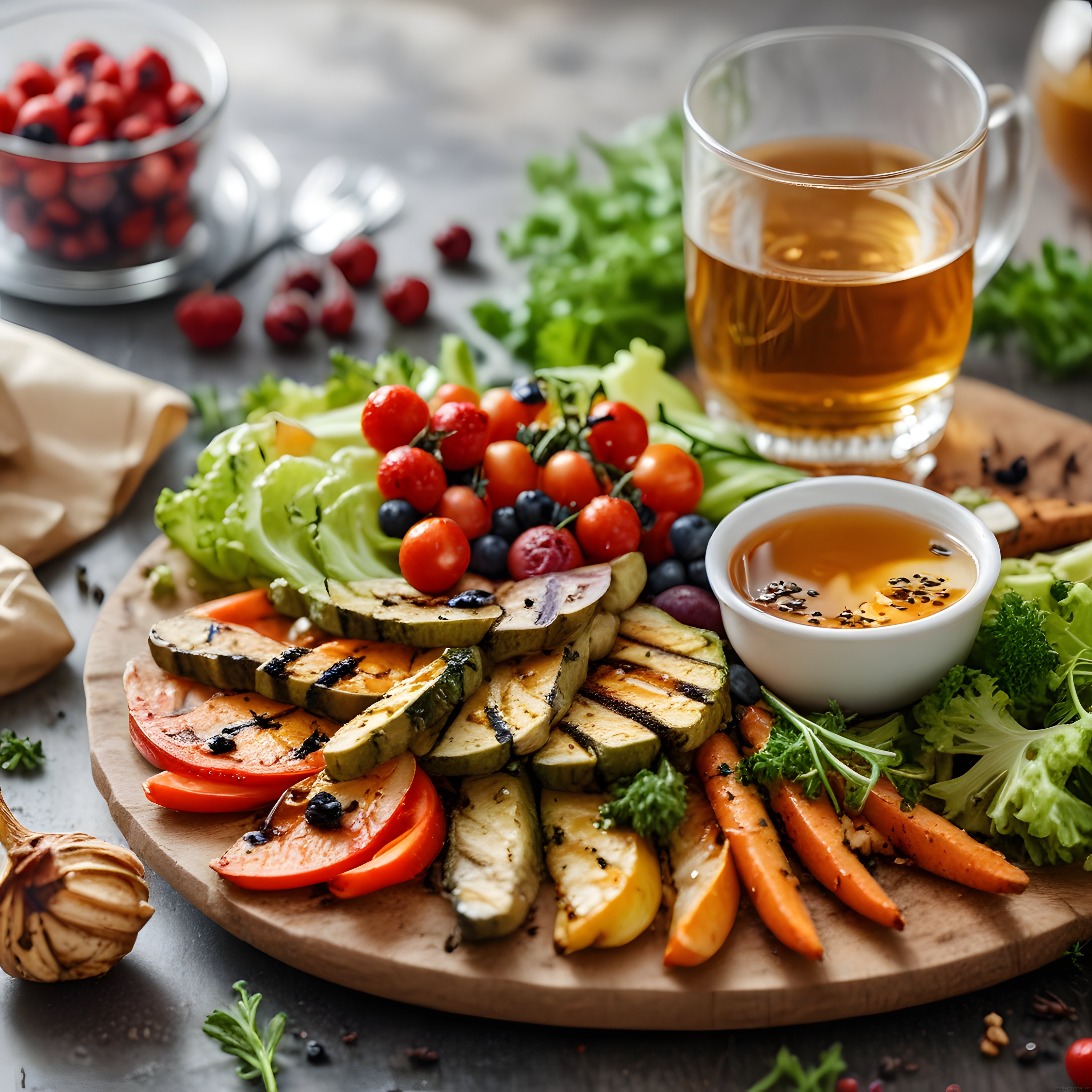Ahşap Tabakta Izgara Sebzeler ve Çay Eşliğinde Sağlıklı Vegan Öğün