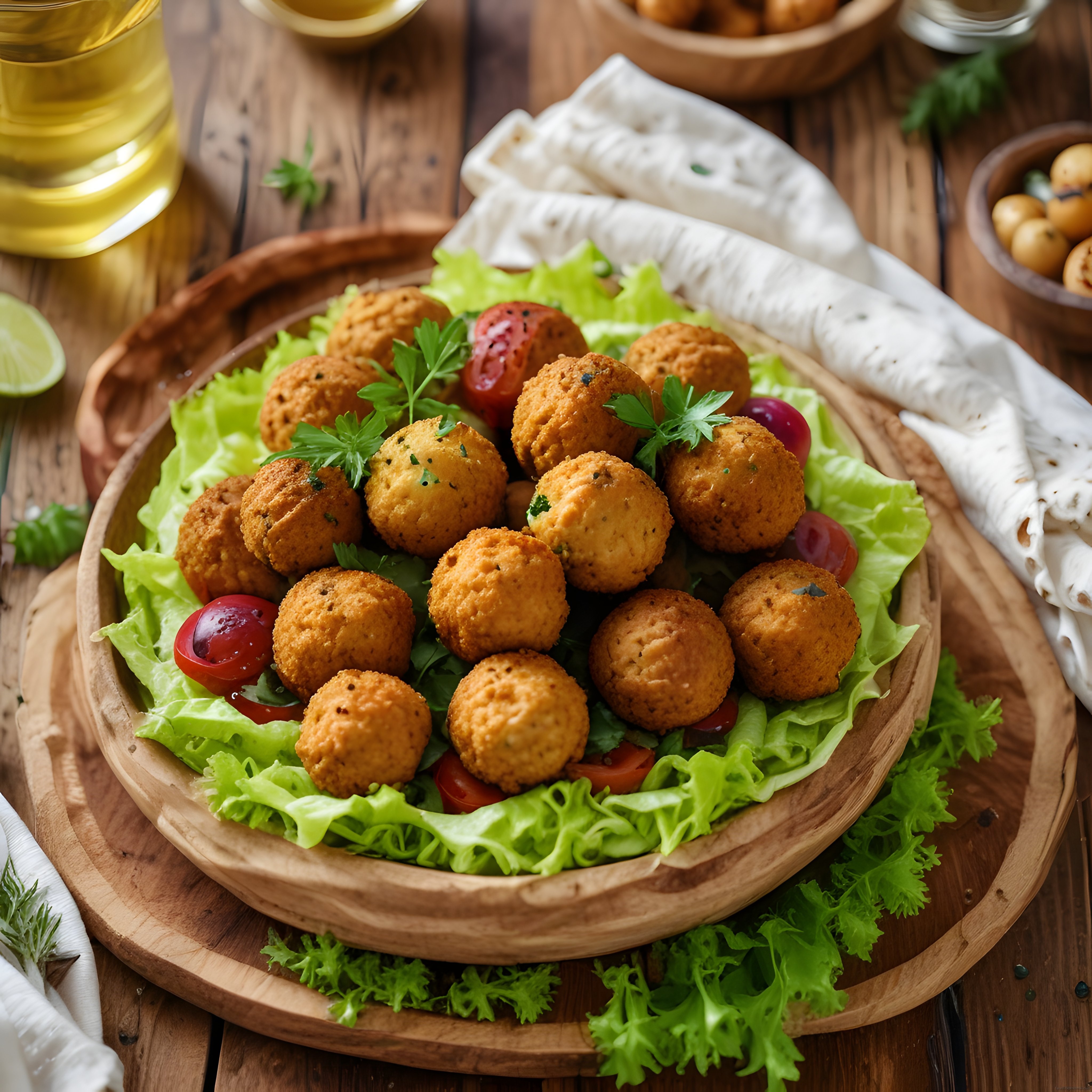 Ahşap Tabakta Kızarmış Falafel Topları ve Yeşilliklerle Rustik Sunum
