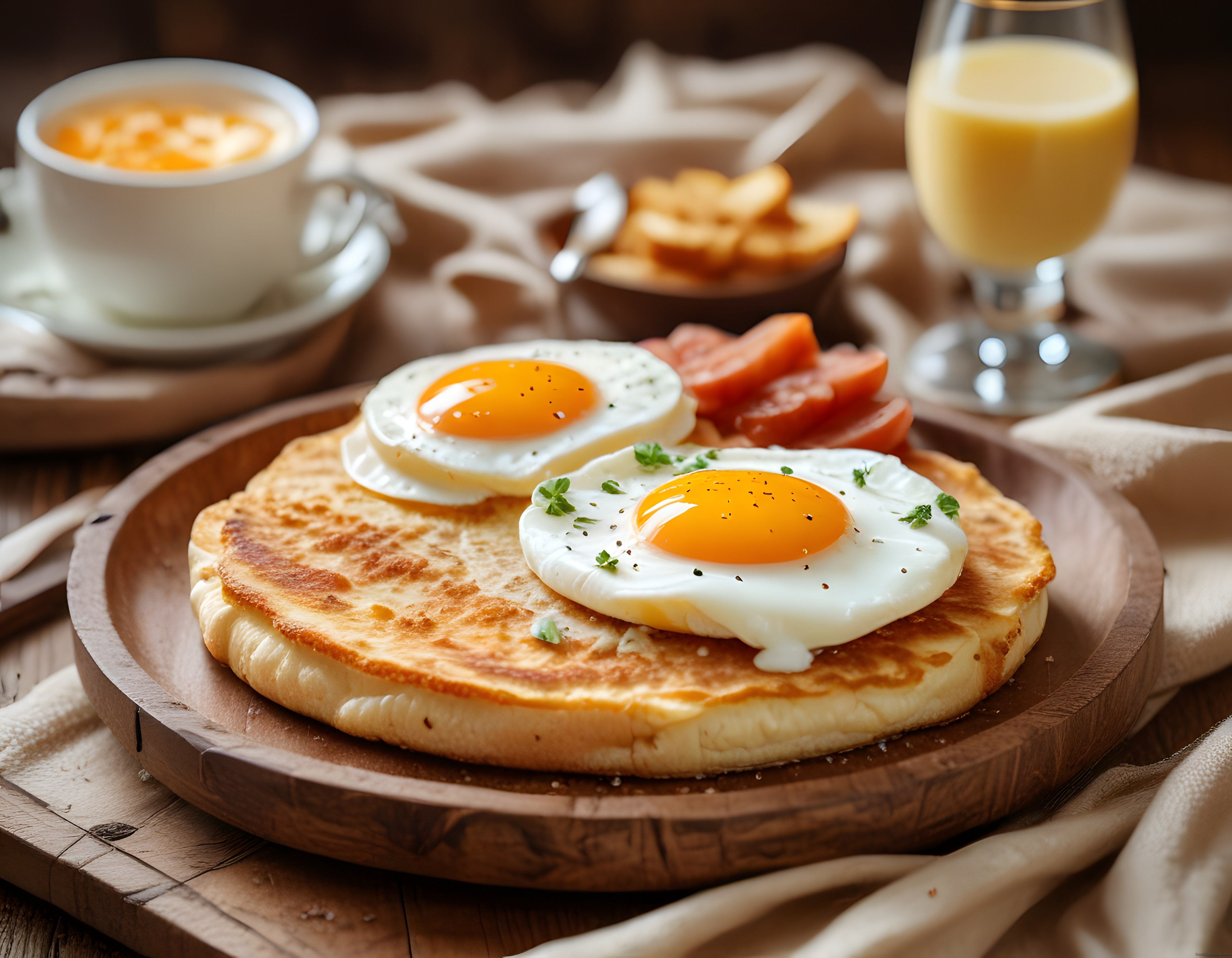 Ahşap tabakta kızarmış yumurtalı bazlama, domates ve portakal sulu rustic kahvaltı