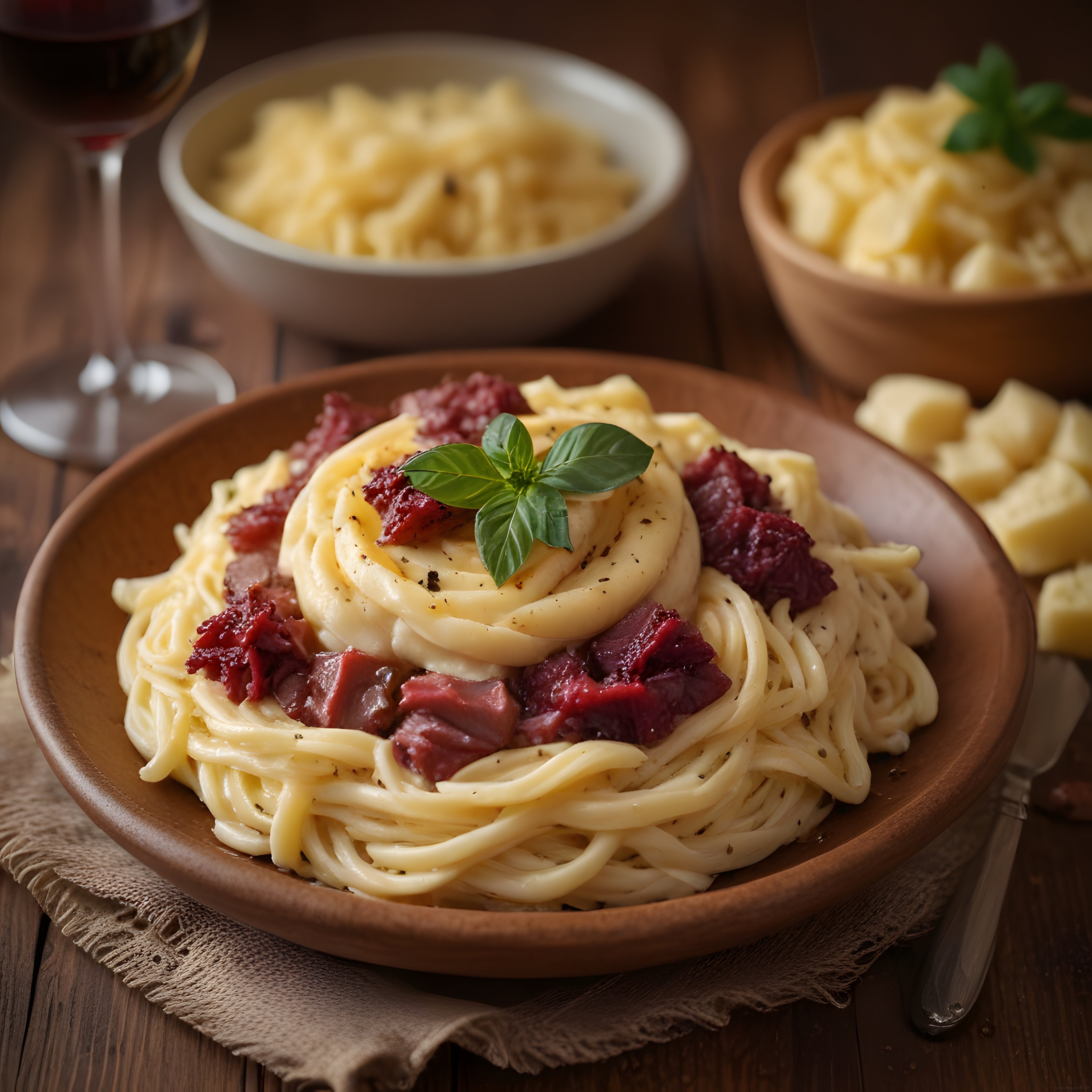 Ahşap Tabakta Kremalı Spagetti ve Pastırma ile Rustik İtalyan Sunumu