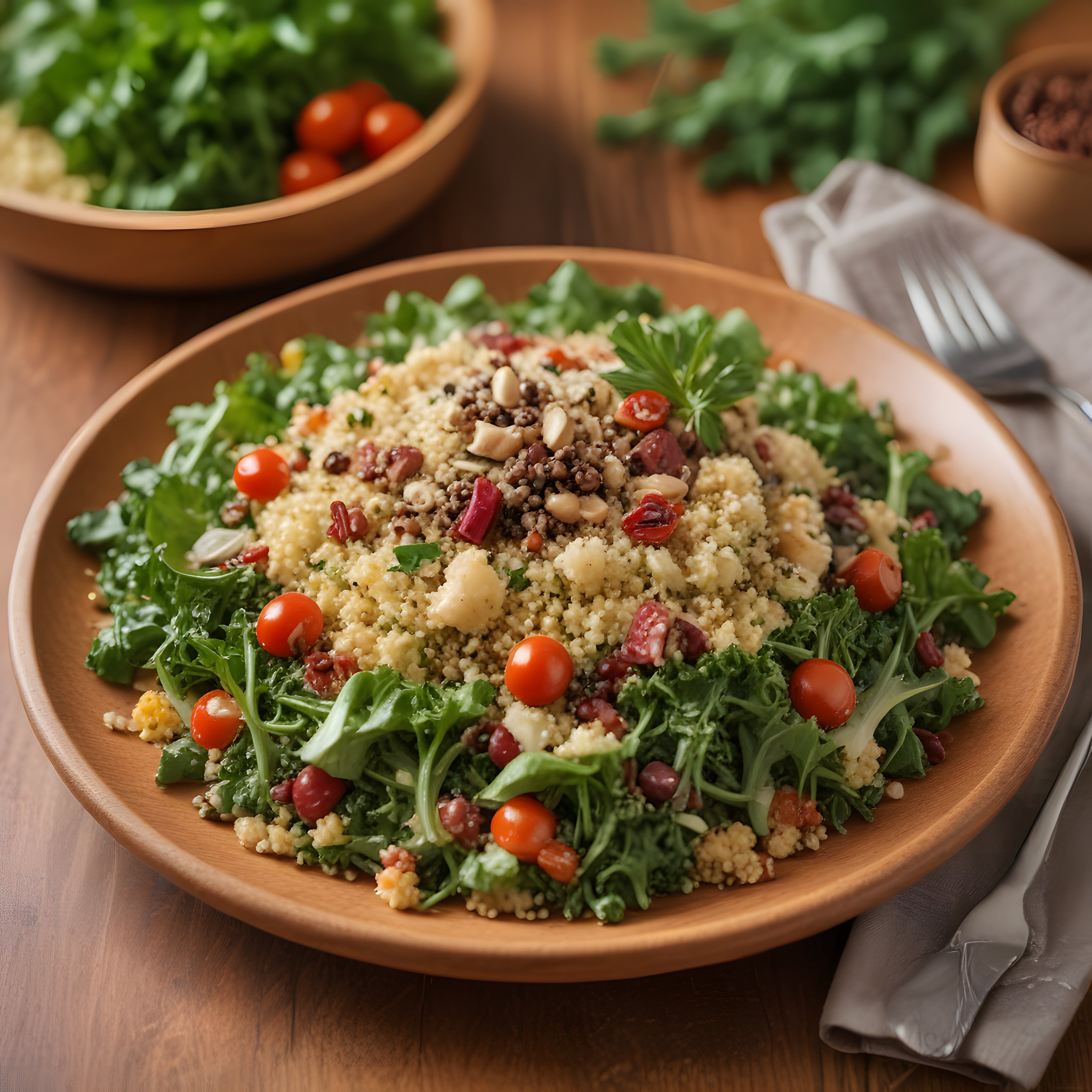 Ahşap Tabakta Kuskuslu ve Yeşil Yapraklı Sağlıklı Salata Sunumu