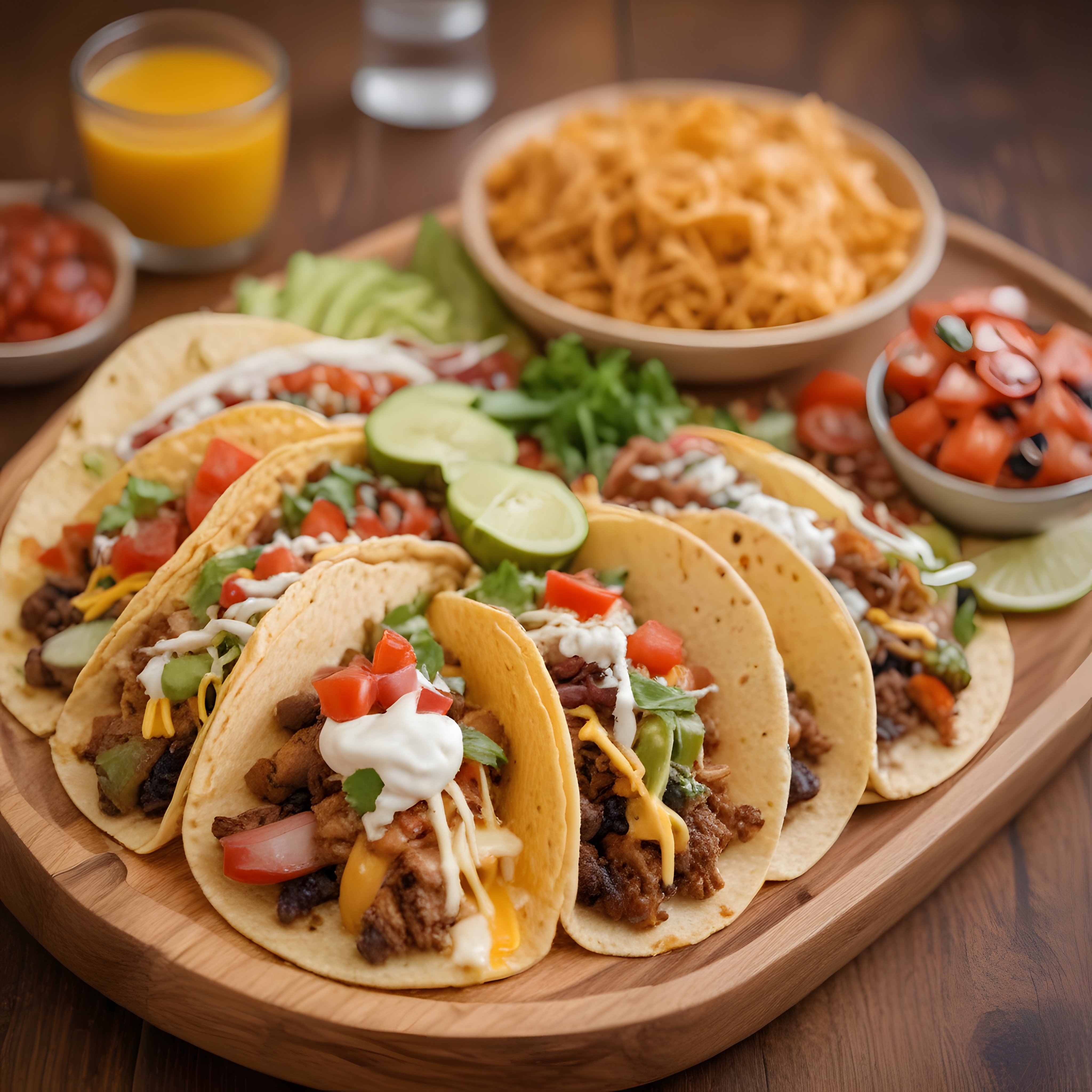 Ahşap Tabakta Meksika Usulü Etli Tacos ve Yan Lezzetler