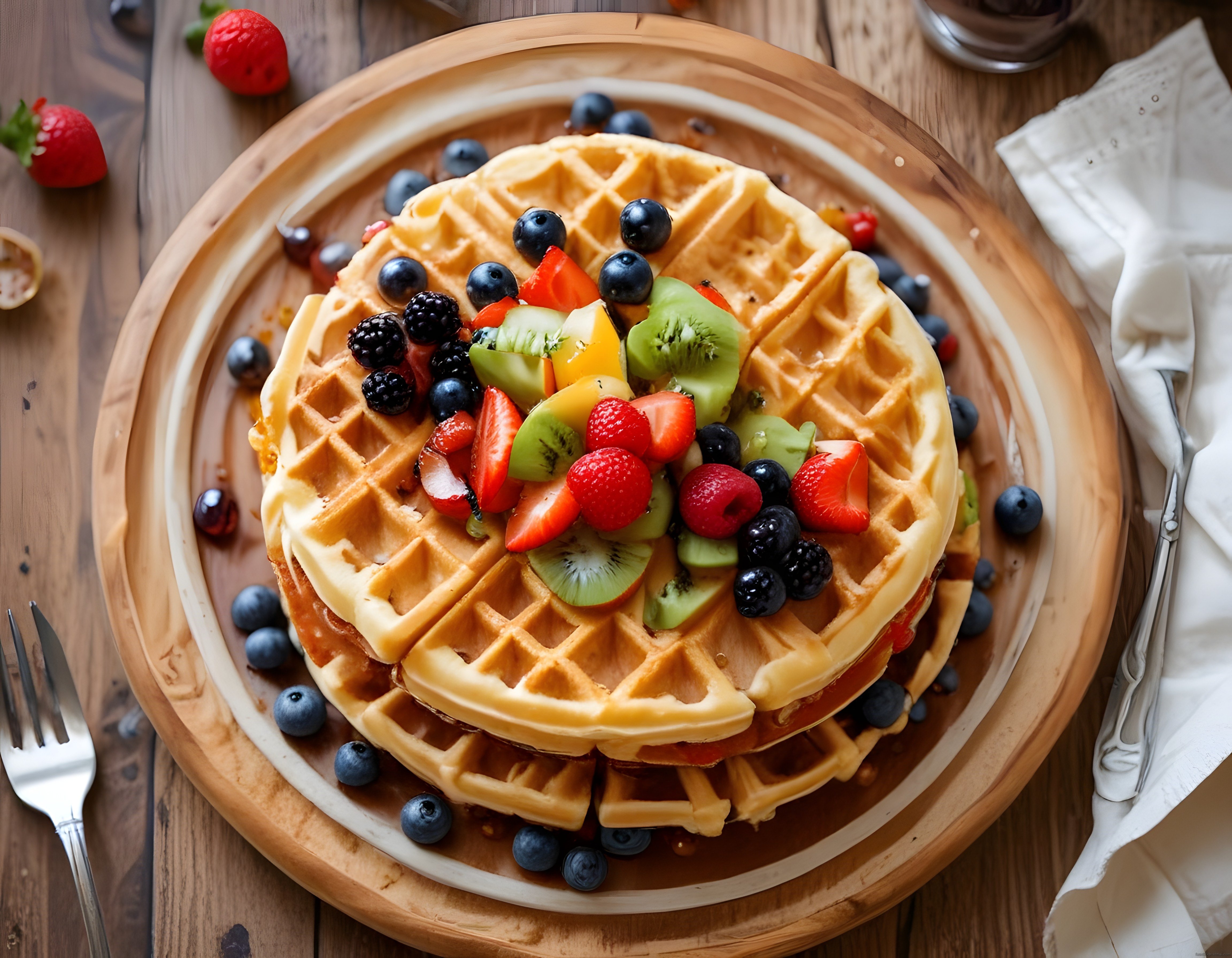 Ahşap Tabakta Meyveli Waffle: Kahvaltı İçin Renkli ve Lezzetli Bir Sunum