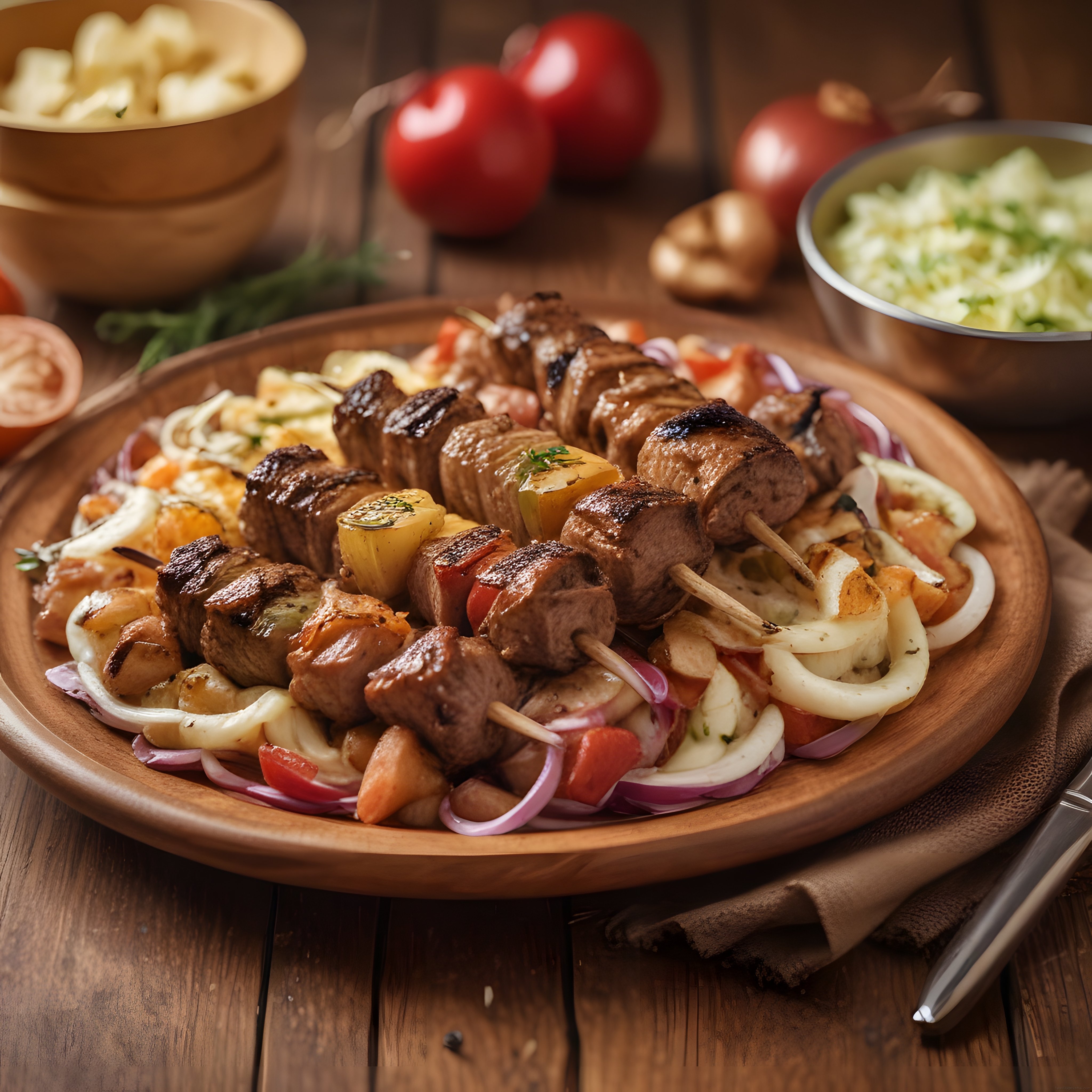 Ahşap Tabakta Nefis Mangal Şiş Kebap ve Izgara Sebzeler Sunumu