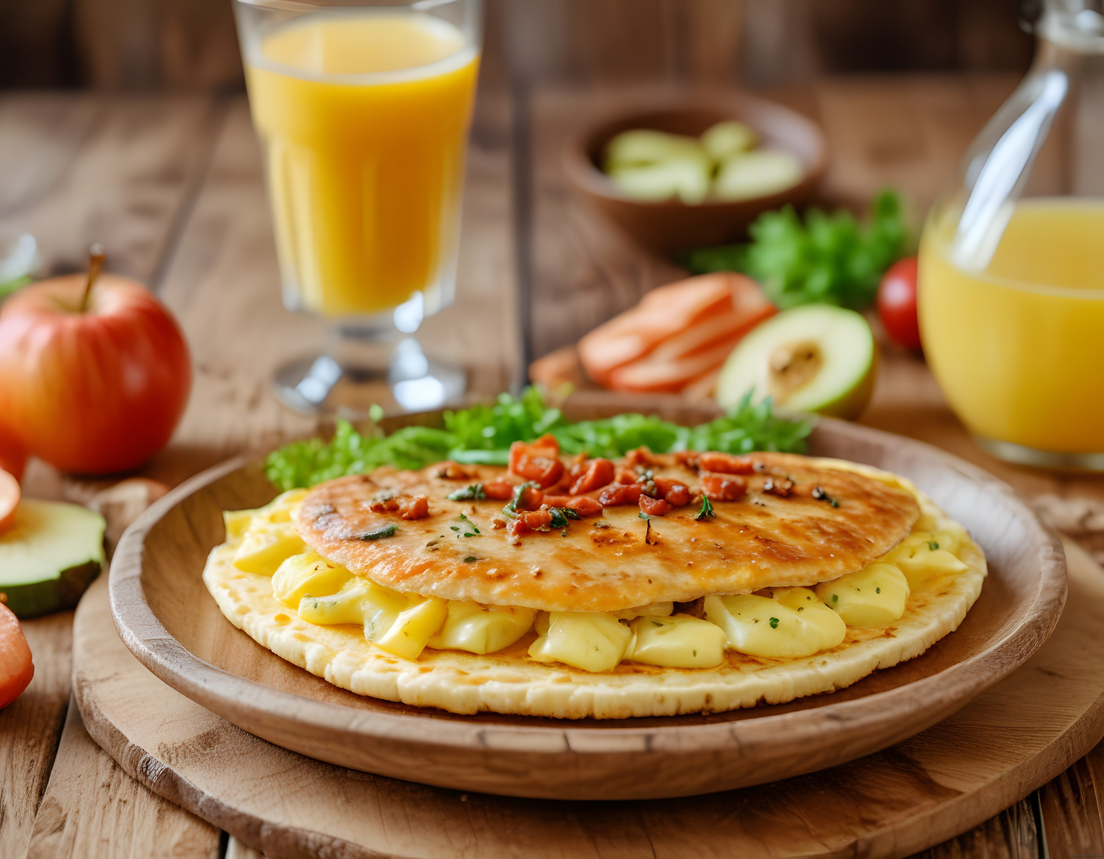 Ahşap tabakta peynirli gözleme, avokado ve portakal suyuyla kahvaltı