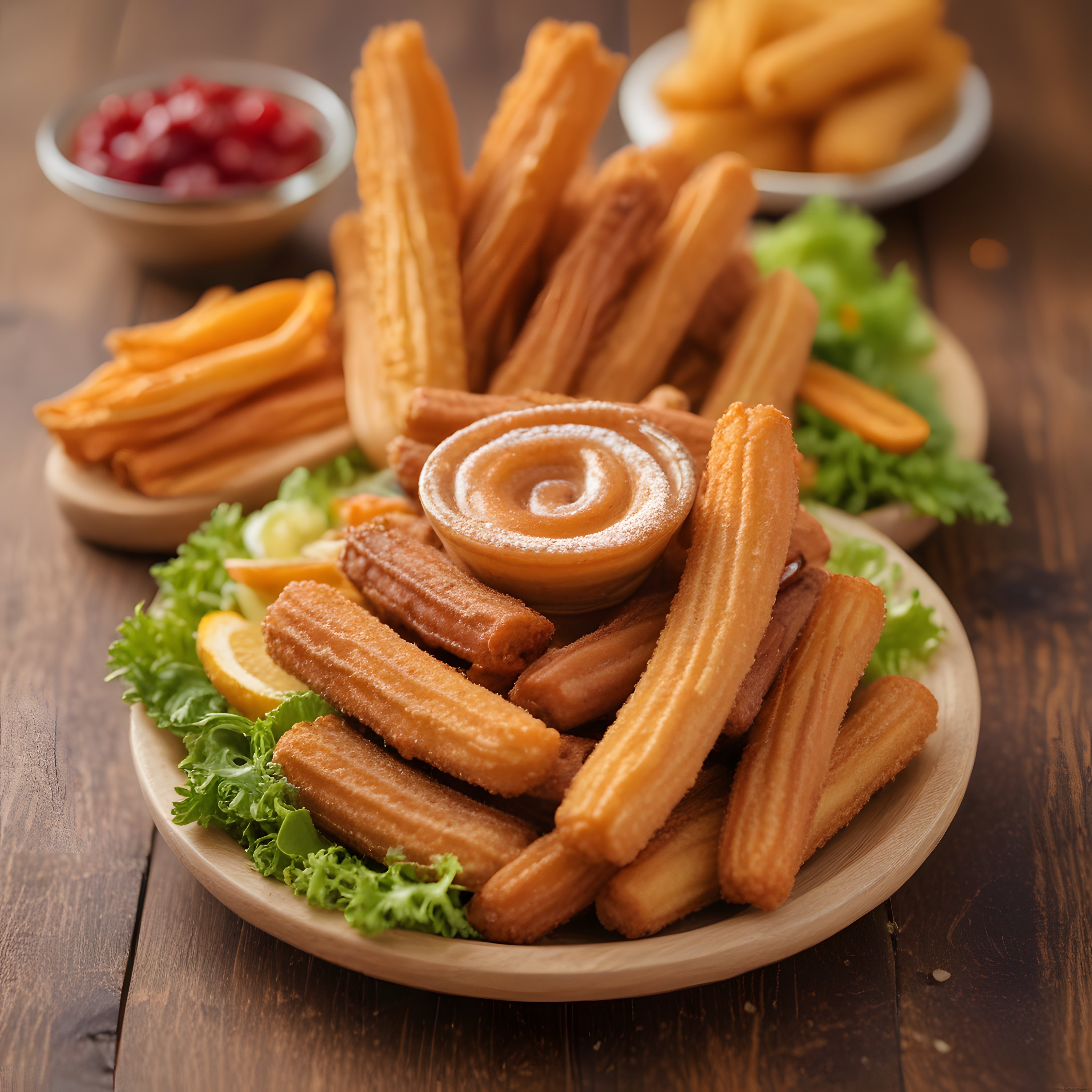 Ahşap tabakta pudra şekerli churros, karamel sos ve yeşilliklerle rustik sunum