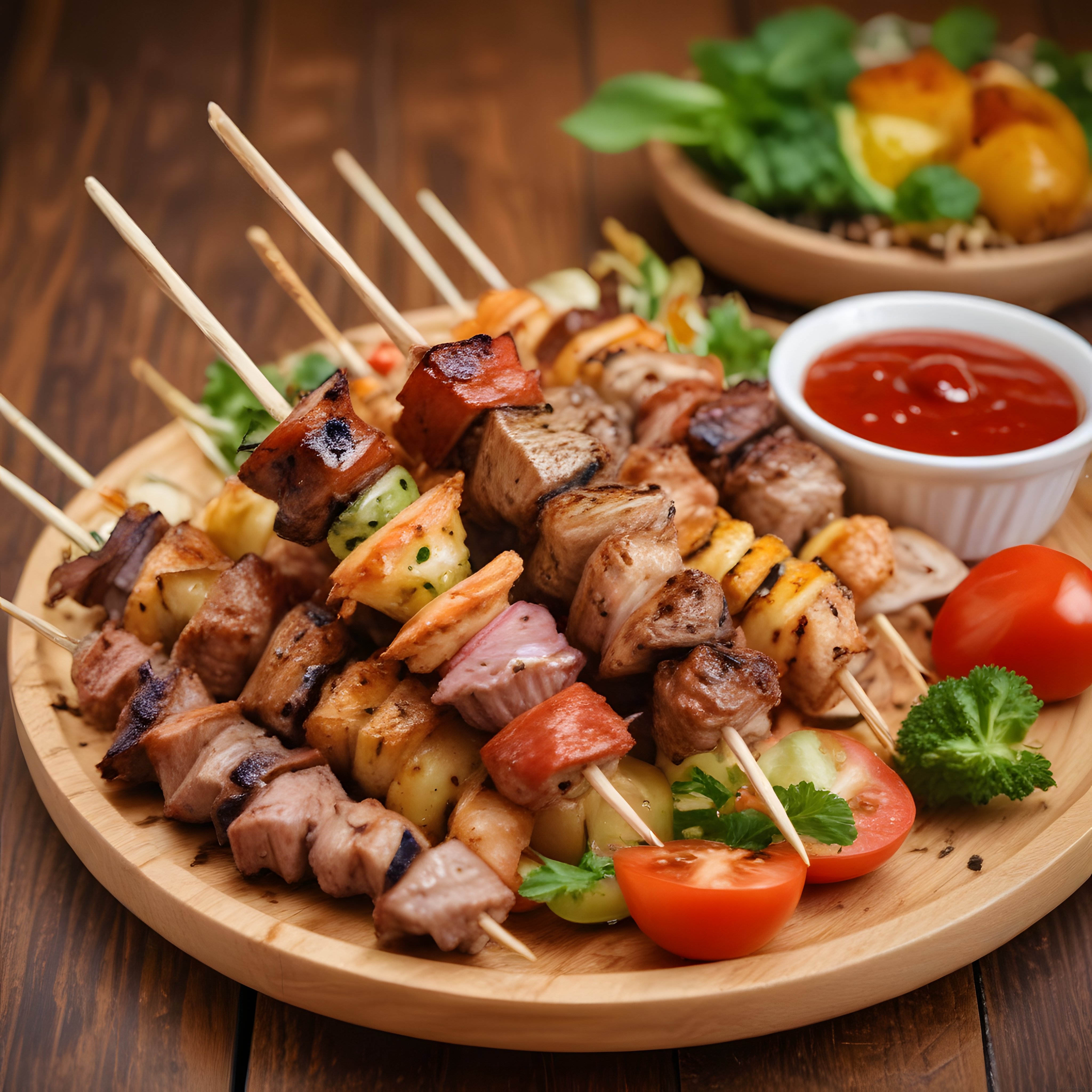 Ahşap Tabakta Renkli Şiş Kebap ve Izgara Çeşitleriyle Şölen Tadında Sunum