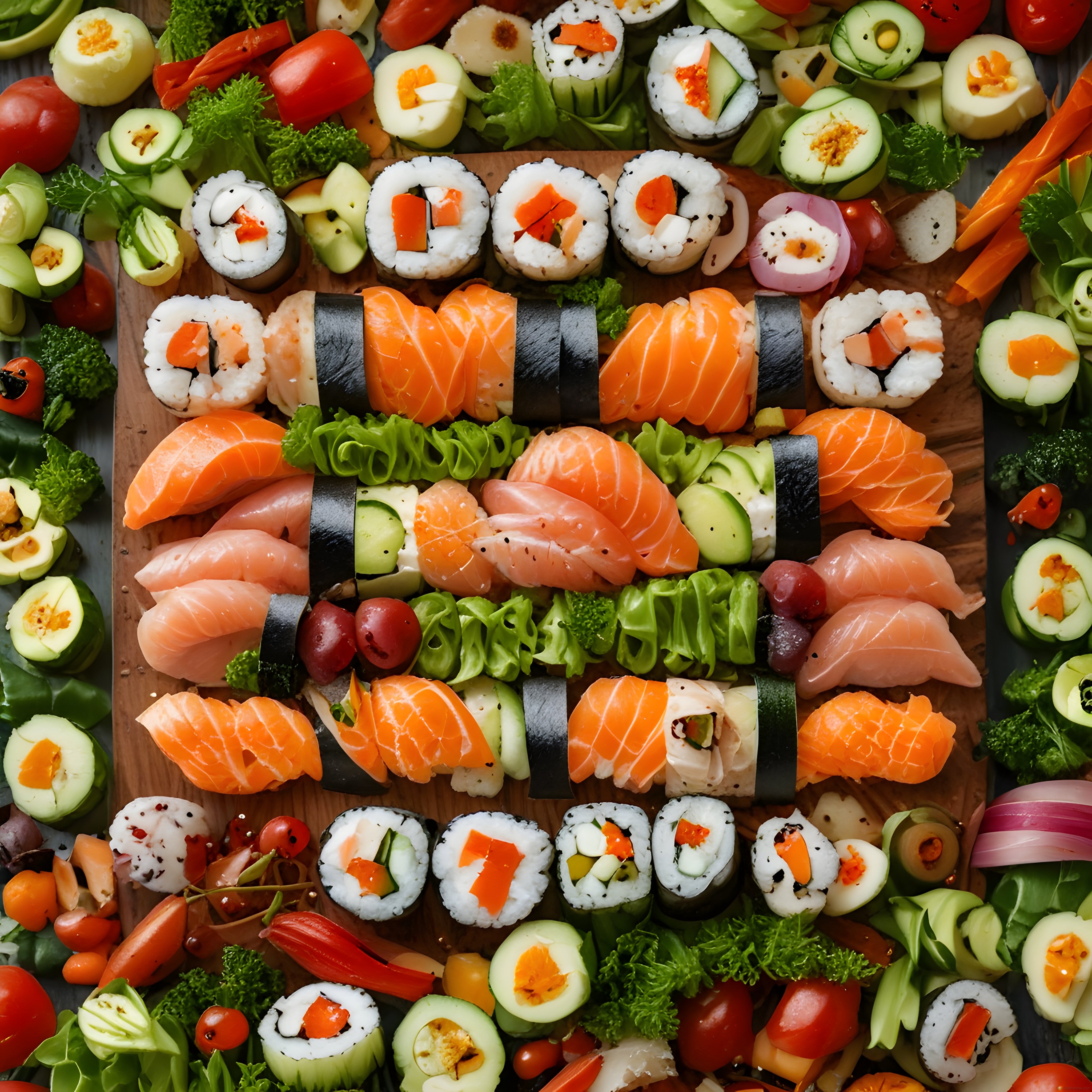 Ahşap Tabakta Renkli Sushi ve Makilerle Egzotik Bir Japon Sunumu