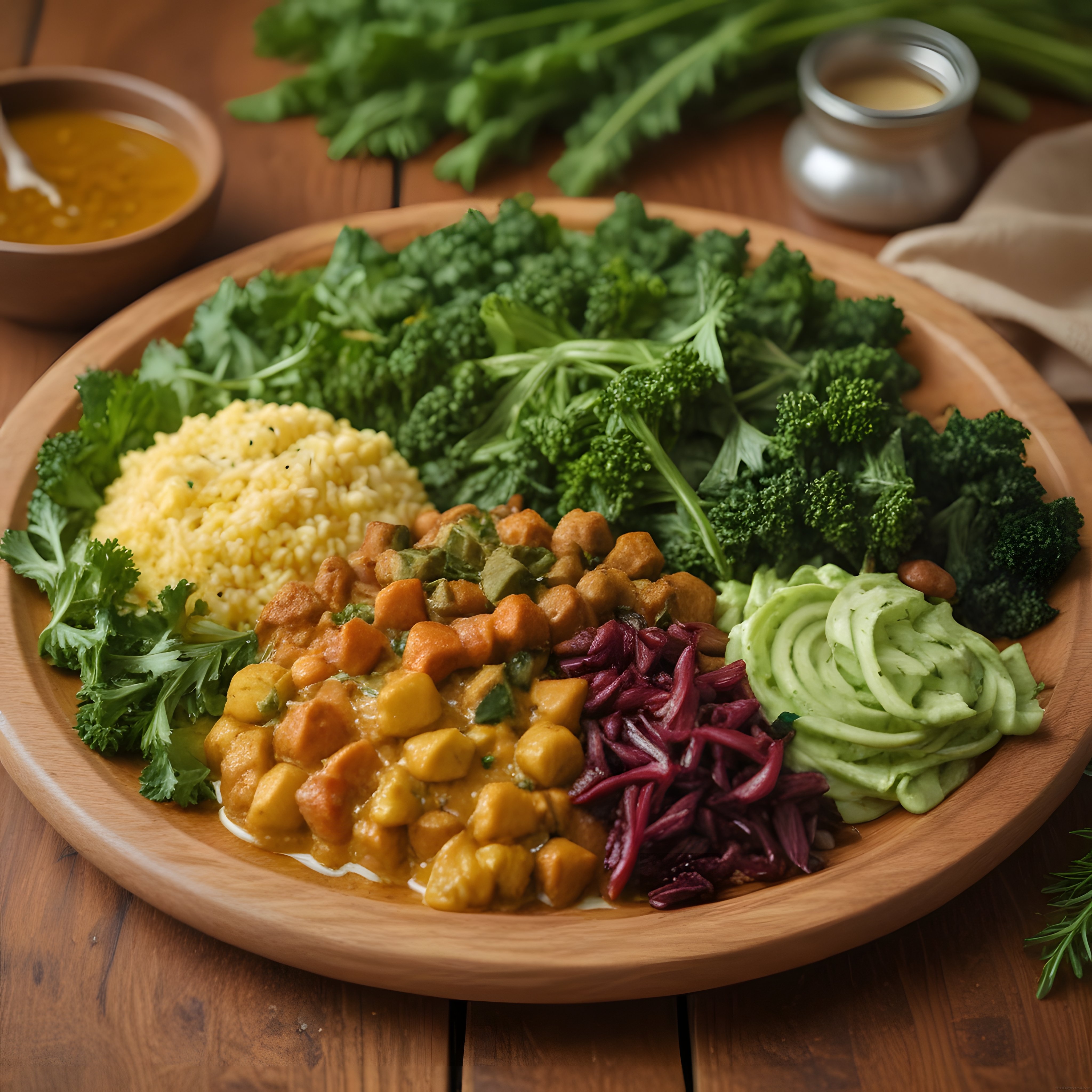 Ahşap Tabakta Renkli Vegan Kase: Brokoli, Nohut ve Avokadolu Sağlıklı Sunum