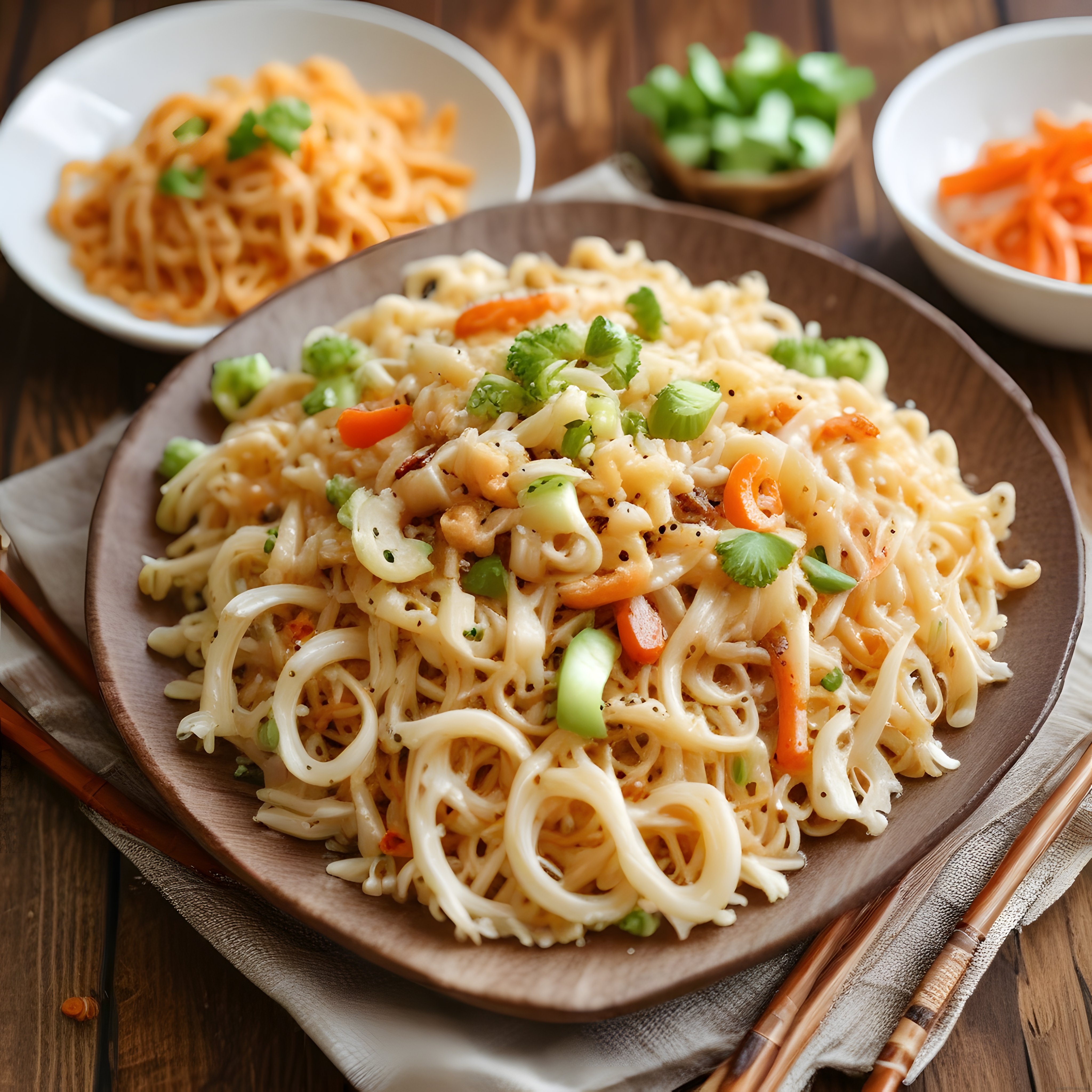 Ahşap Tabakta Sebzeli Asya Noodle Makarna Sunumu ve Yemek Fotoğrafı